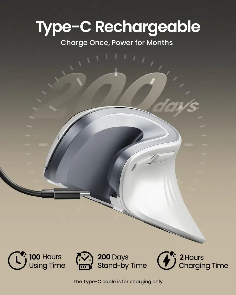 ProtoArc EM11 NL Wireless Ergonomic Vertical Mouse White 138mm (5.43in) | Connect 3 Devices via Bluetooth 5.0 & 2.4G USB-A - view 2
