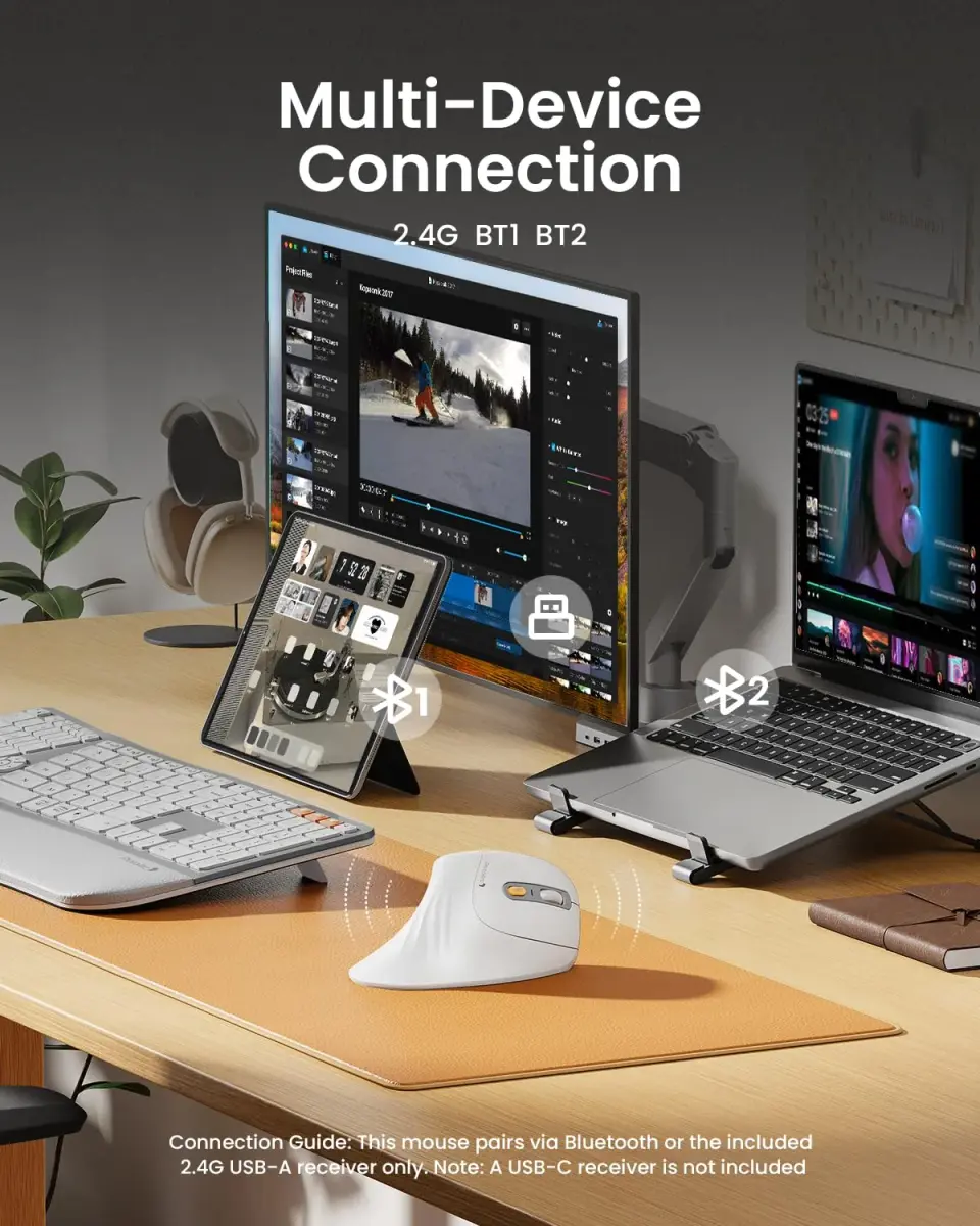ProtoArc EM11 NL Wireless Ergonomic Vertical Mouse White 138mm (5.43in) | Connect 3 Devices via Bluetooth 5.0 & 2.4G USB-A - view 3