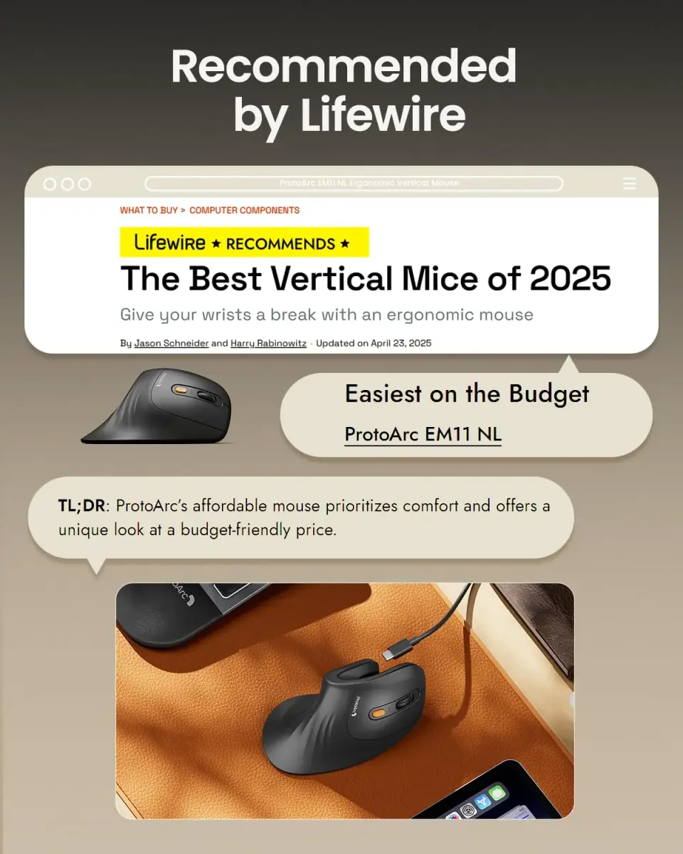 ProtoArc EM11 NL Wireless Ergonomic Vertical Mouse White 138mm (5.43in) | Connect 3 Devices via Bluetooth 5.0 & 2.4G USB-A - view 4