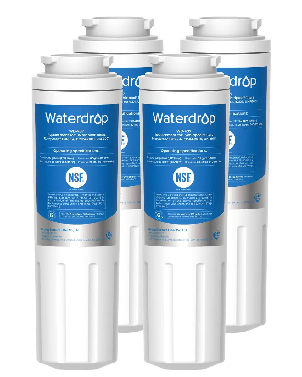 Waterdrop EDR4RXD1 Refrigerator Water Filter Replacement for EveryDrop® Filter 4, 4 Pack | NSF Certified, 220V Compatible - main product image