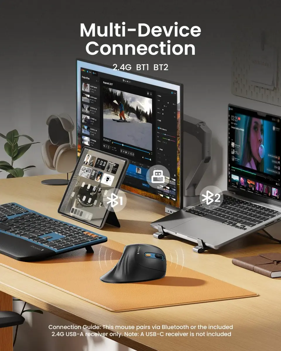 ProtoArc EM11 NL Wireless Ergonomic Mouse, Rechargeable Vertical Mouse, 13.8cm (5.43in) Length | Connect 3 Devices via Bluetooth 5.0 & 2.4G USB-A - view 2