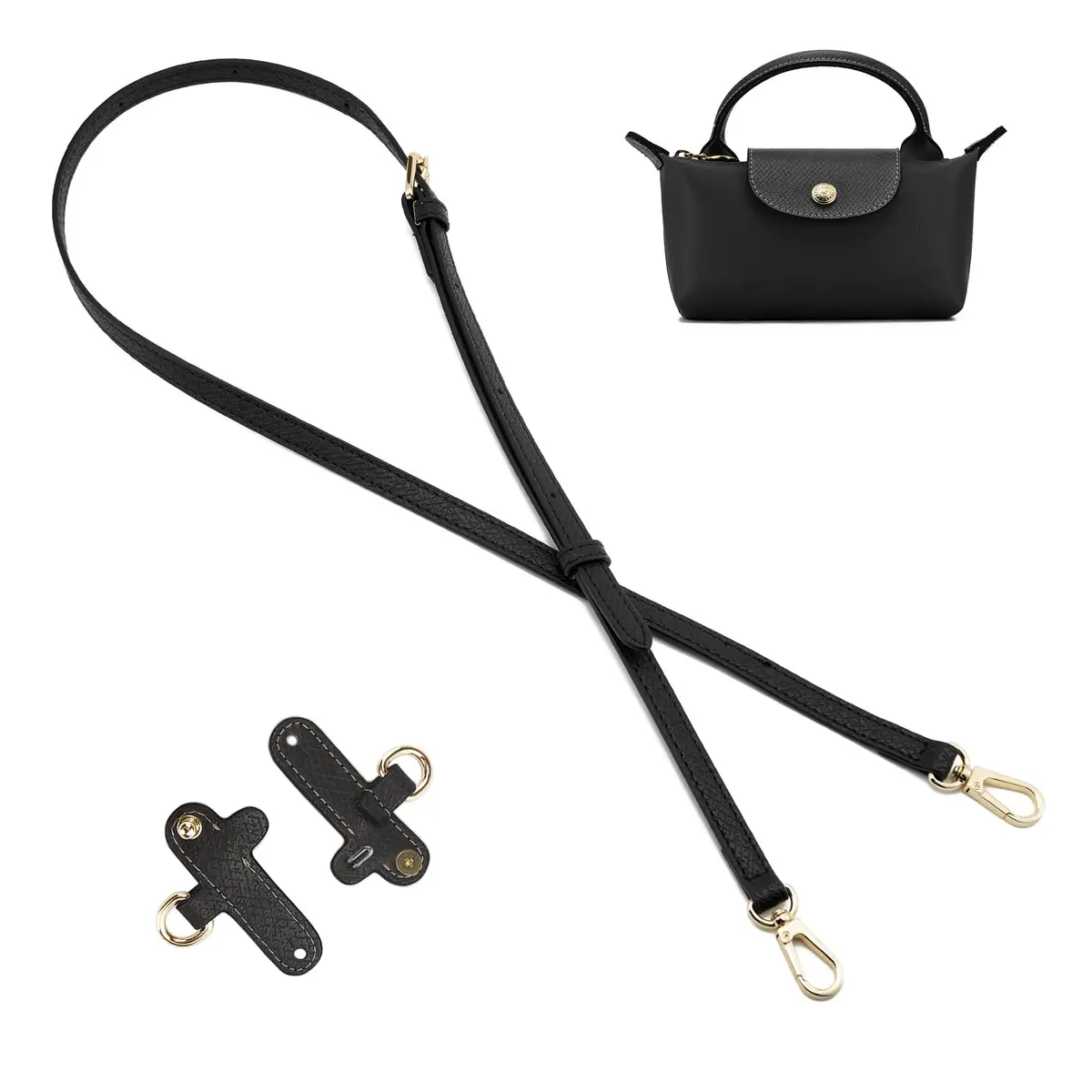 DEVPSISR Leather Adjustable Shoulder Strap Conversion Kit for Longchamp Handbags, 125 cm (48.75 in) | Black-Gold - main product image