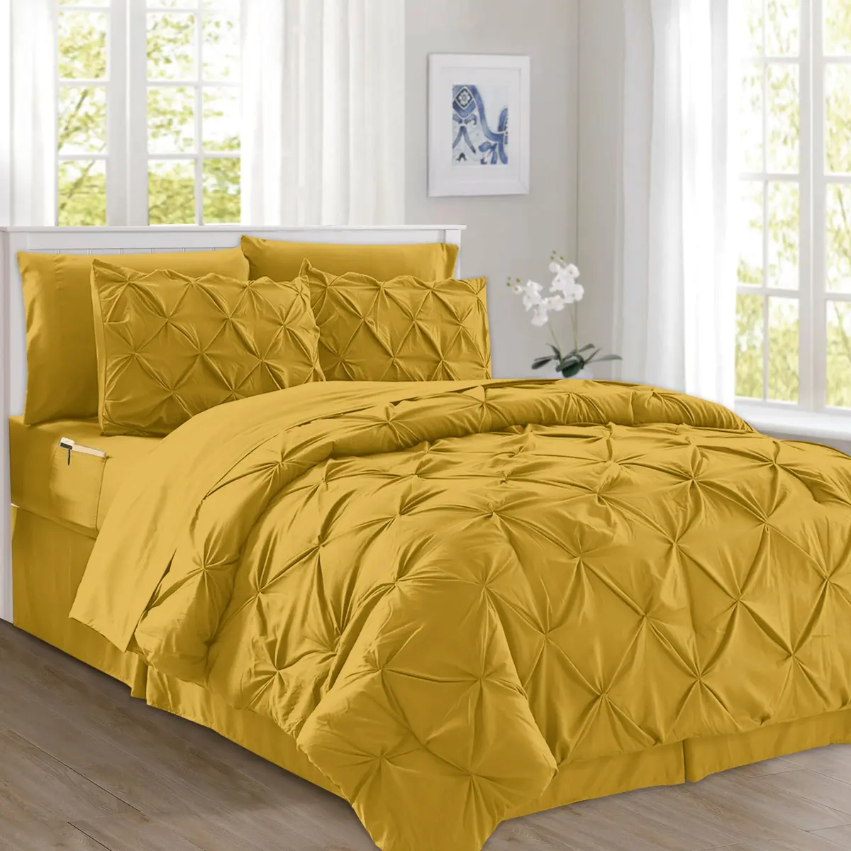 Elegant Comfort Twin/Twin XL Comforter Set Mustard Yellow | All Season Pinch Pleated Bedding - main product image