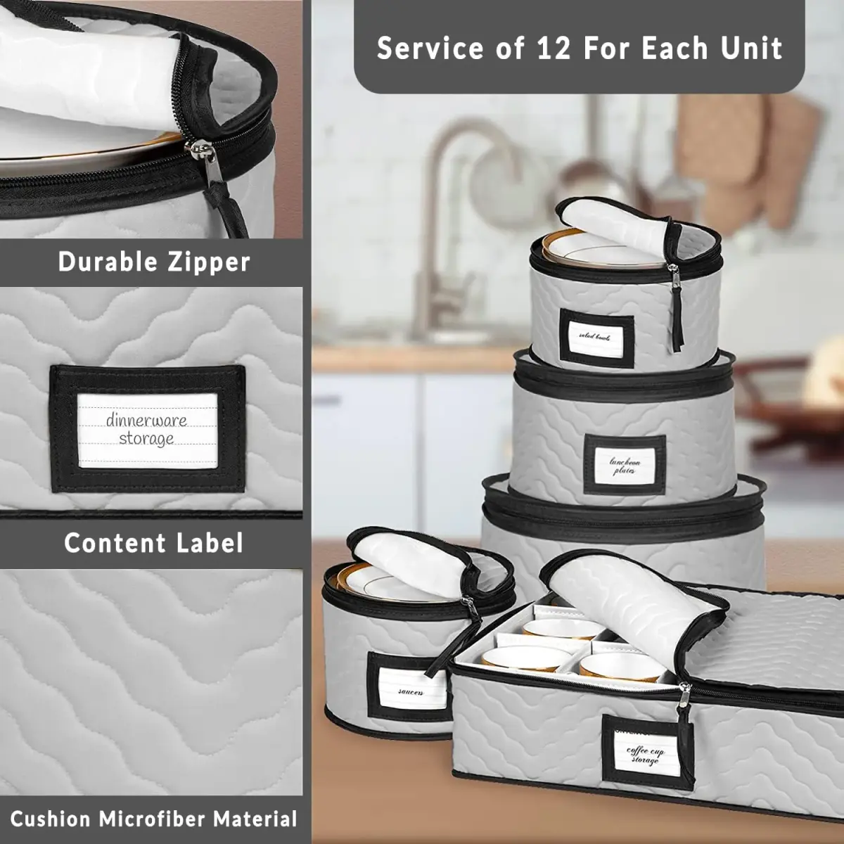 HOLDN’ STORAGE 5-Piece China Storage Container Set for 12 Place Settings | Quilted Microfiber with Dividers - view 6