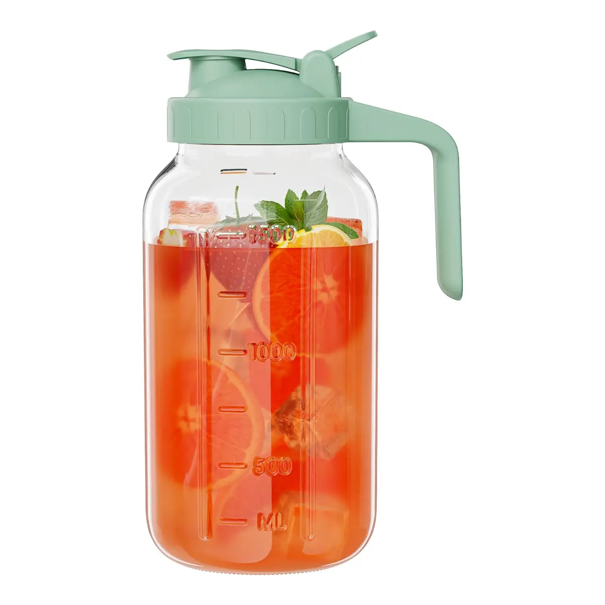 JunVpic Glass Pitcher with Lid, 1.89 L (64 oz) Wide Mouth Mason Jar, Green | Dishwasher Safe, Leakproof Spout - main product image
