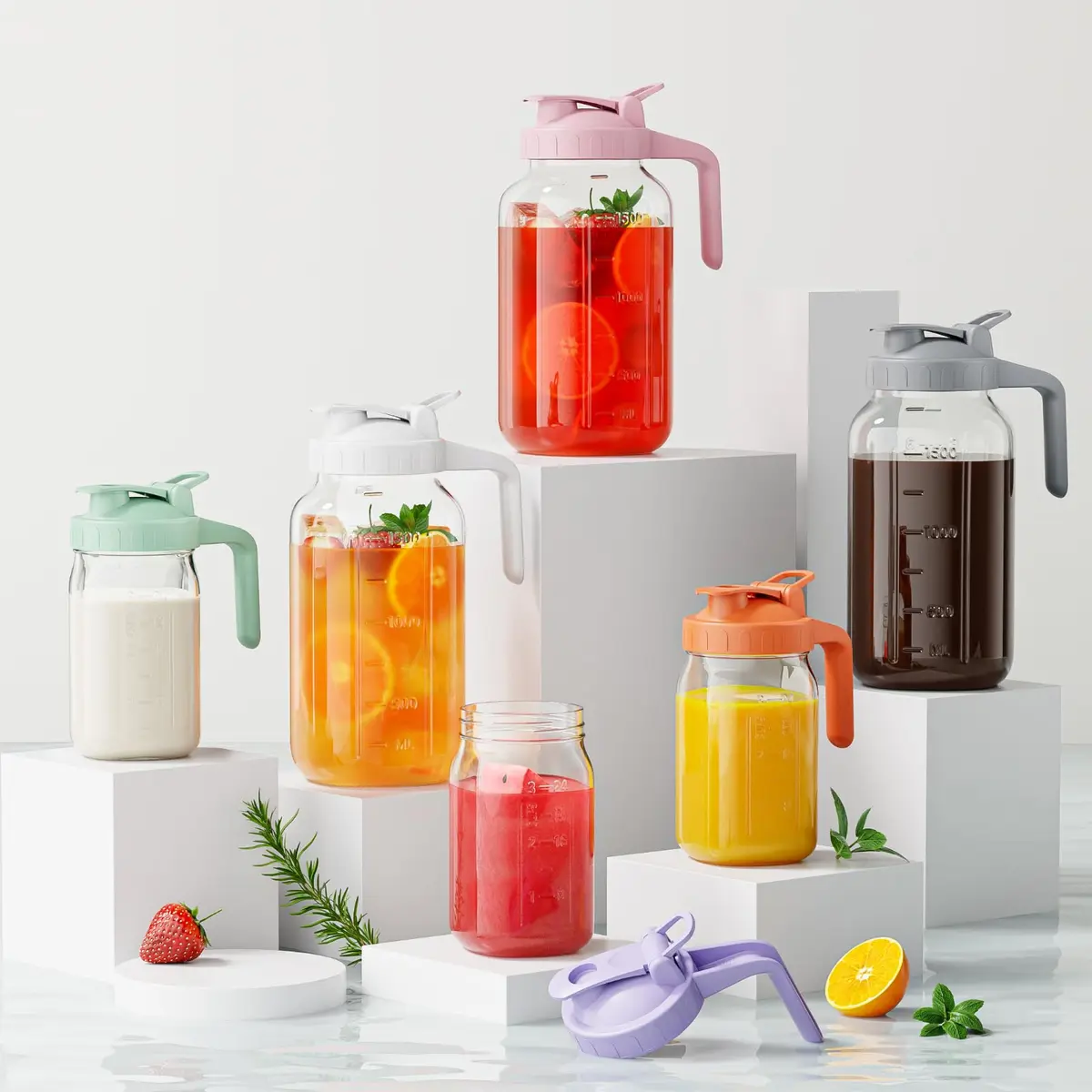 JunVpic Glass Pitcher with Lid, 1.89 L (64 oz) Wide Mouth Mason Jar, Green | Dishwasher Safe, Leakproof Spout - view 6