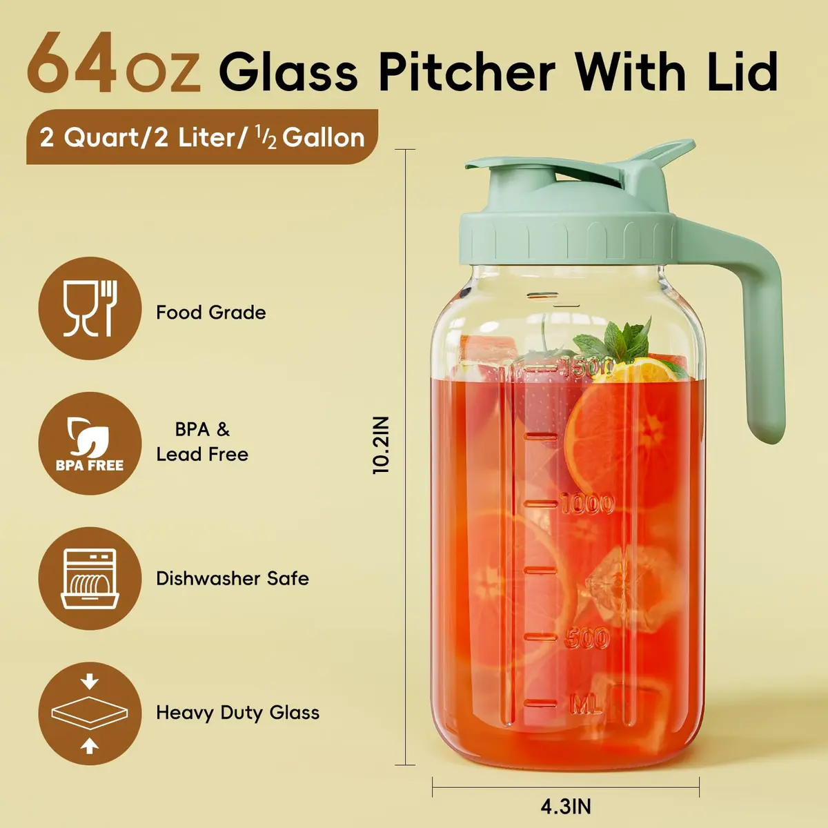 JunVpic Glass Pitcher with Lid, 1.89 L (64 oz) Wide Mouth Mason Jar, Green | Dishwasher Safe, Leakproof Spout - view 2