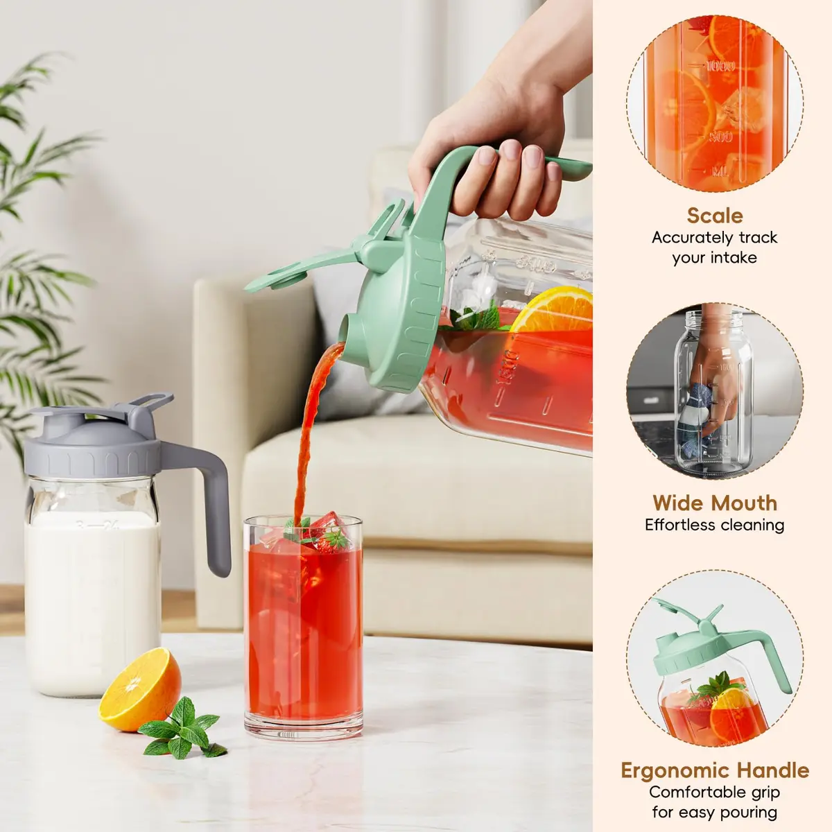 JunVpic Glass Pitcher with Lid, 1.89 L (64 oz) Wide Mouth Mason Jar, Green | Dishwasher Safe, Leakproof Spout - view 4