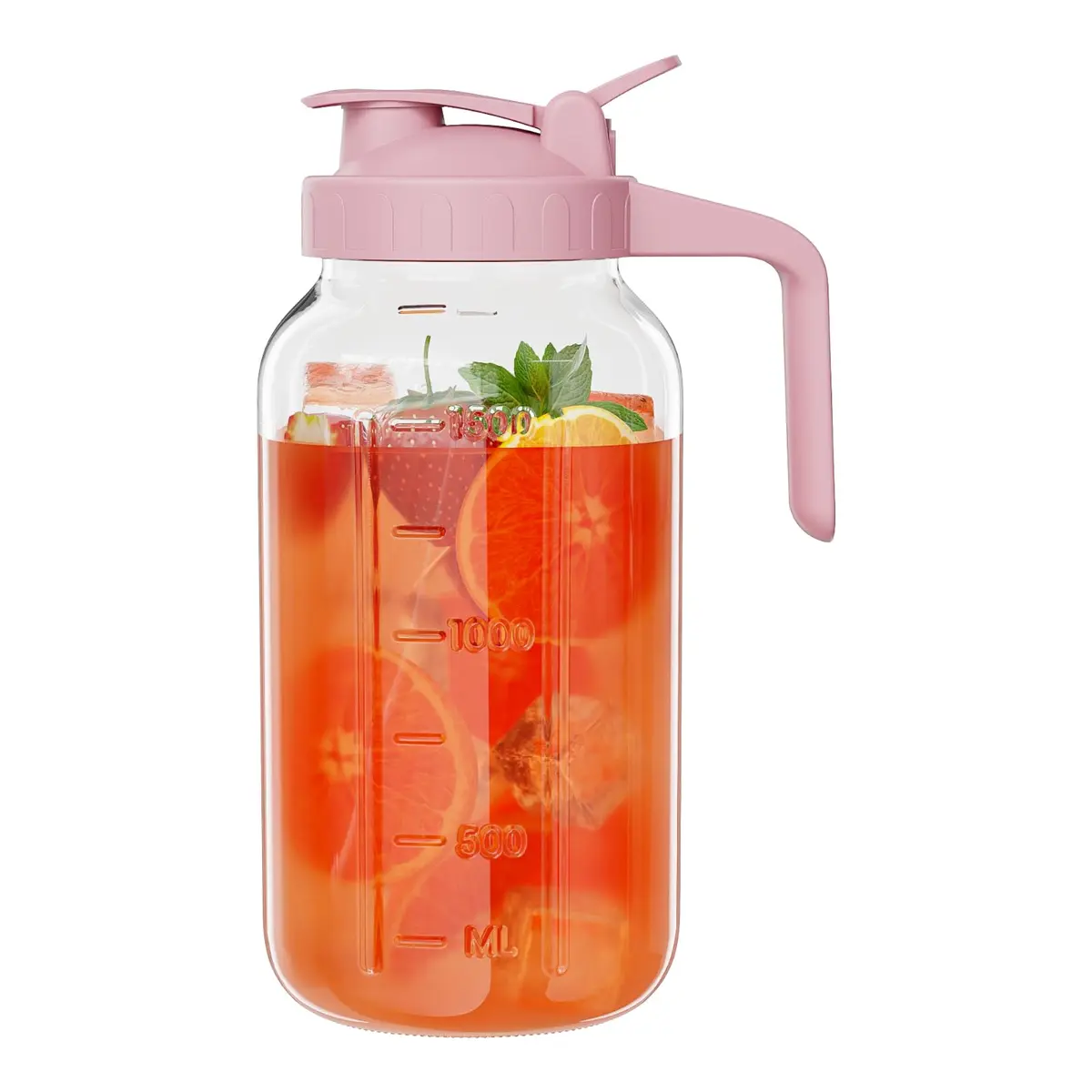 JunVpic Glass Pitcher with Lid, 1.89 L (64 oz) Wide Mouth Mason Jar | Leak-Proof Spout & Handle - main product image