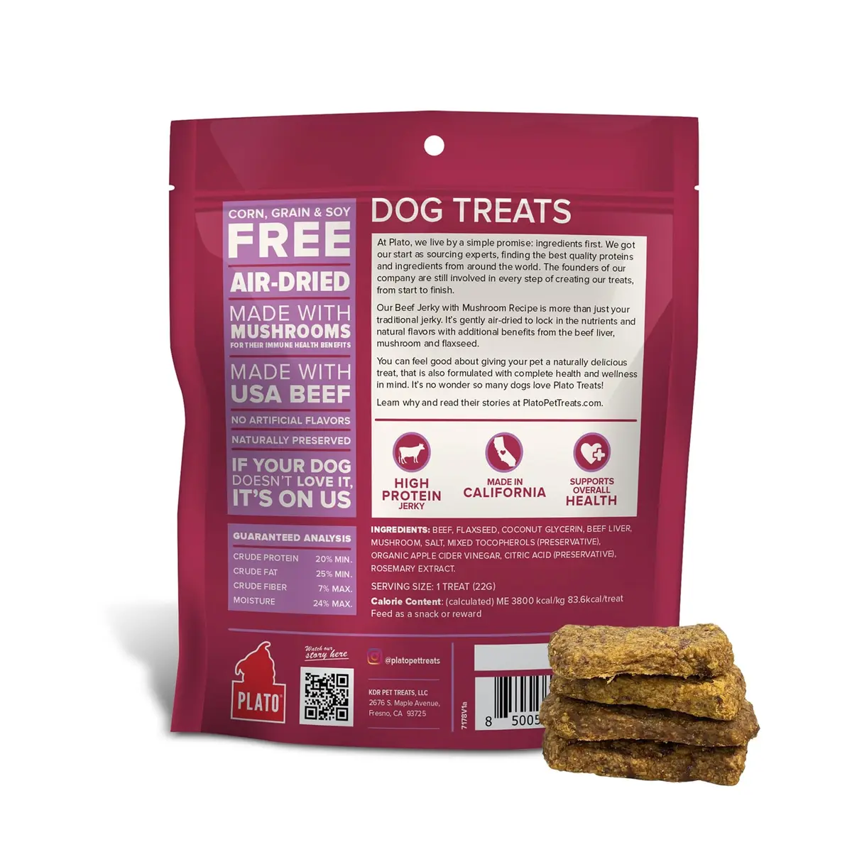 PLATO Dog Jerky Treats Beef & Mushroom 7oz | Air-Dried, Grain-Free, Supports Digestion - view 2