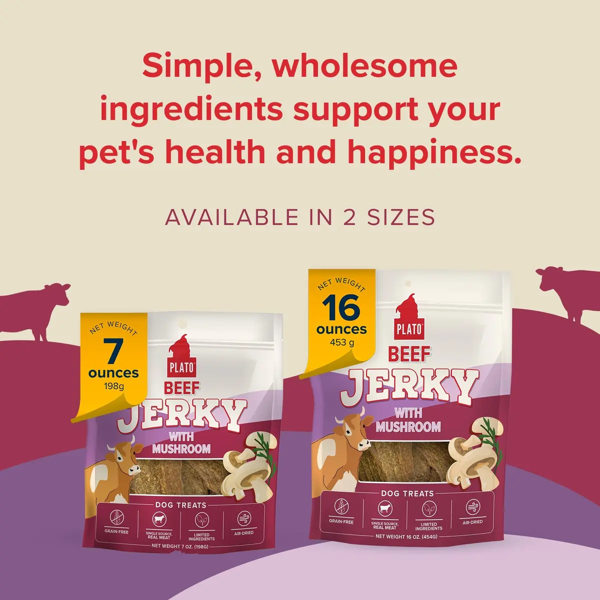 PLATO Dog Jerky Treats Beef & Mushroom 7oz | Air-Dried, Grain-Free, Supports Digestion - view 4