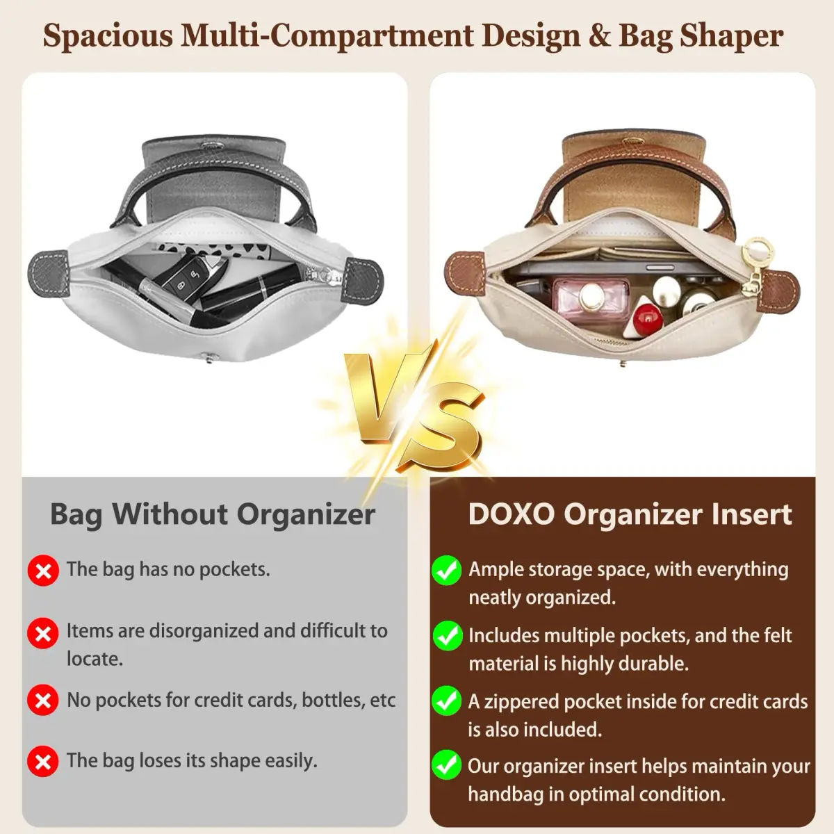 Doxo Felt Purse Organizer Insert Large Beige | Keeps Handbags Shaped & Neat - view 5