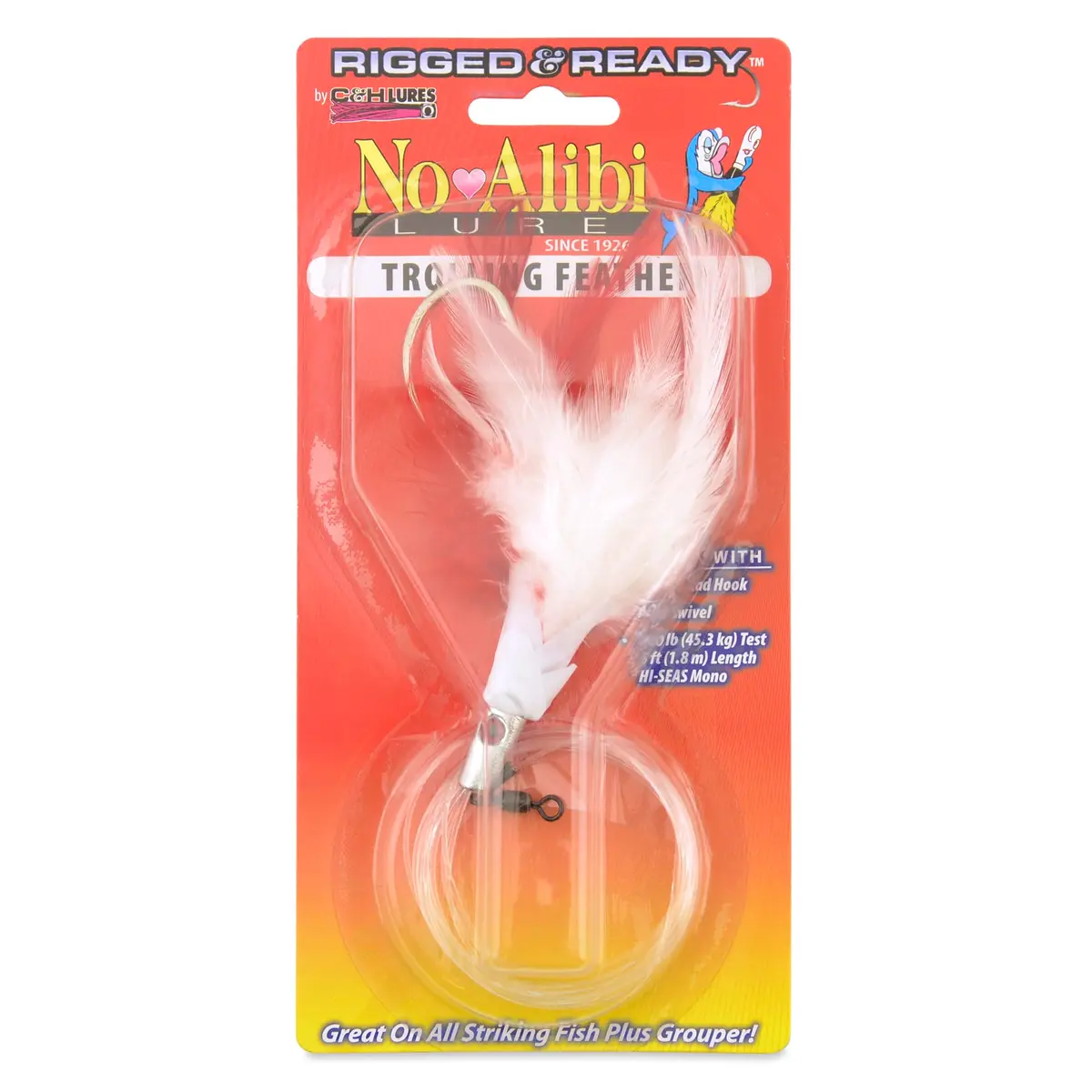 C&H Lures No Alibi Trolling Feather Saltwater Fishing Lure | White Red Feather Skirt 1/2 oz 6 ft - main product image