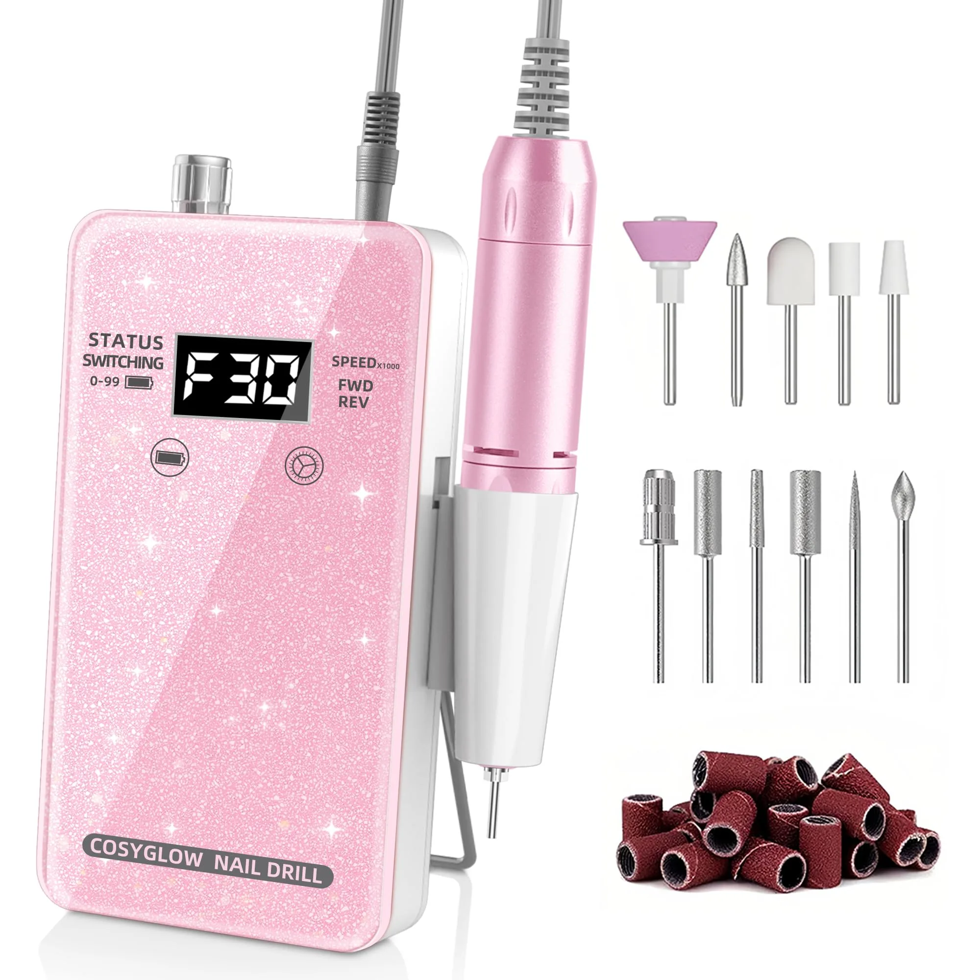COSYGLOW Glitter Portable Cordless Nail Drill Kit with 11 Bits, 30000 RPM Rechargeable E-File for Acrylic & Gel Nails (Pink) - main product image
