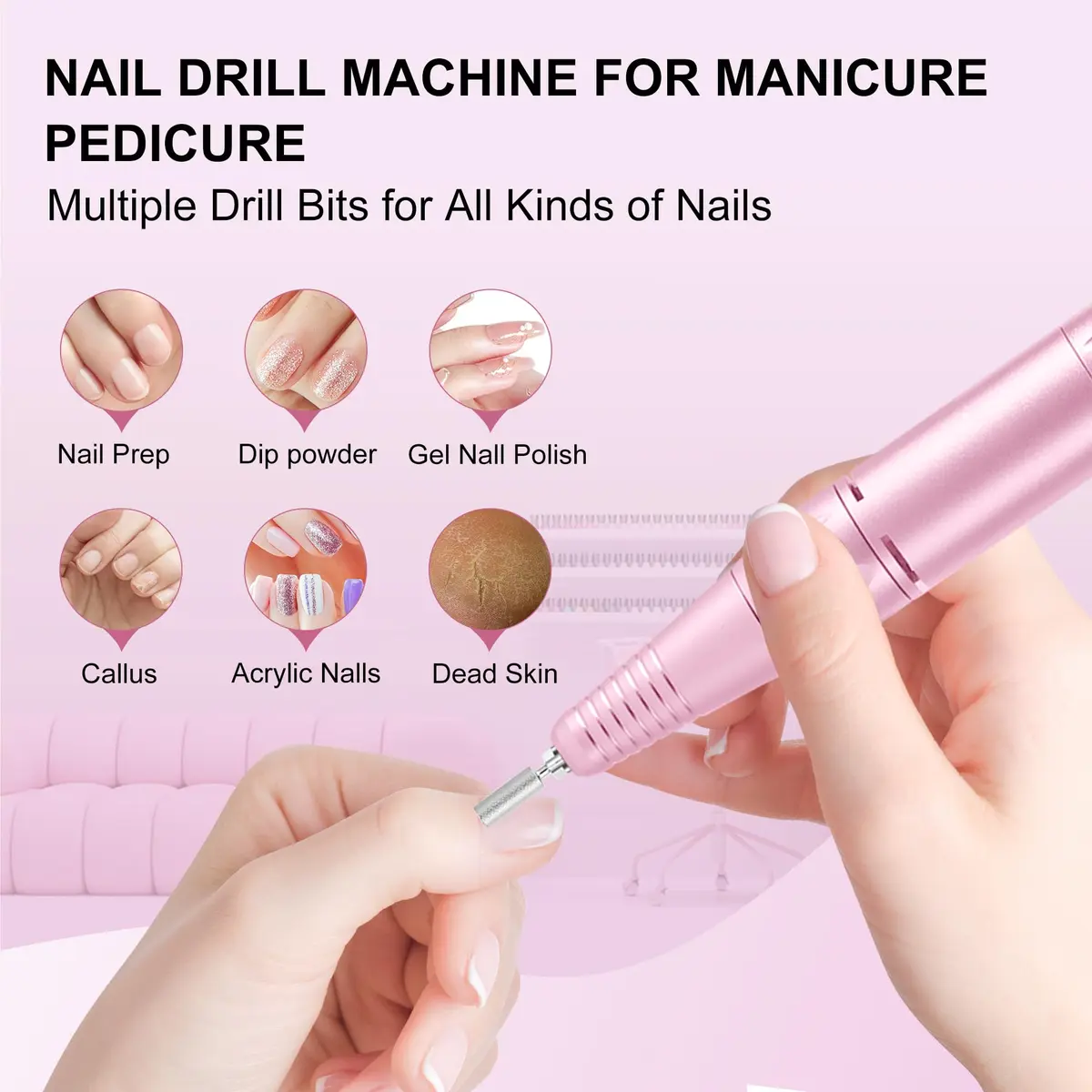 COSYGLOW Professional Electric Nail Drill Kit Pink Glitter Portable Cordless E-File 30000 RPM | Rechargeable Nail Machine for Acrylic & Gel Nails - view 7