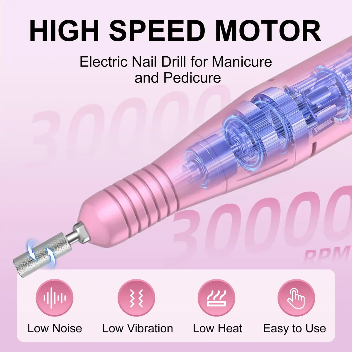 COSYGLOW Glitter Portable Cordless Nail Drill Kit with 11 Bits, 30000 RPM Rechargeable E-File for Acrylic & Gel Nails (Pink) - view 3