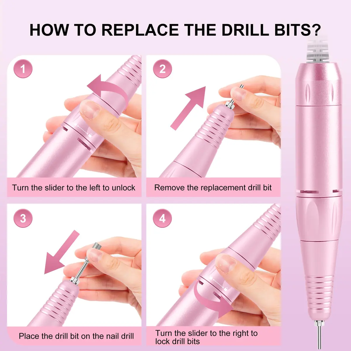 COSYGLOW Professional Electric Nail Drill Kit Pink Glitter Portable Cordless E-File 30000 RPM | Rechargeable Nail Machine for Acrylic & Gel Nails - view 8