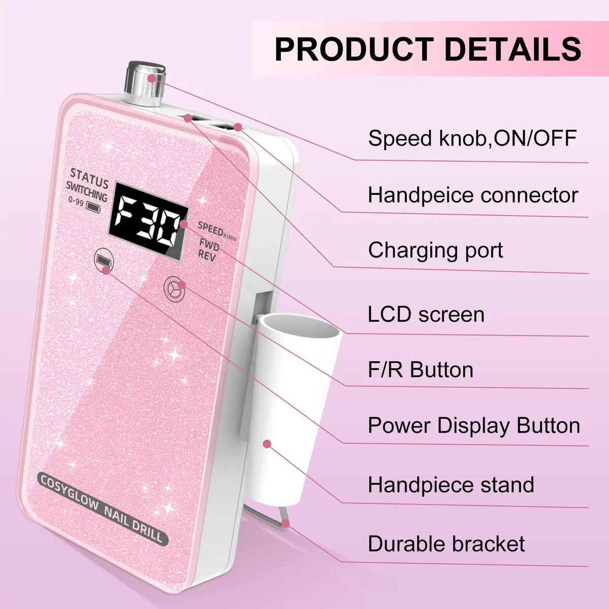 COSYGLOW Professional Electric Nail Drill Kit Pink Glitter Portable Cordless E-File 30000 RPM | Rechargeable Nail Machine for Acrylic & Gel Nails - view 9
