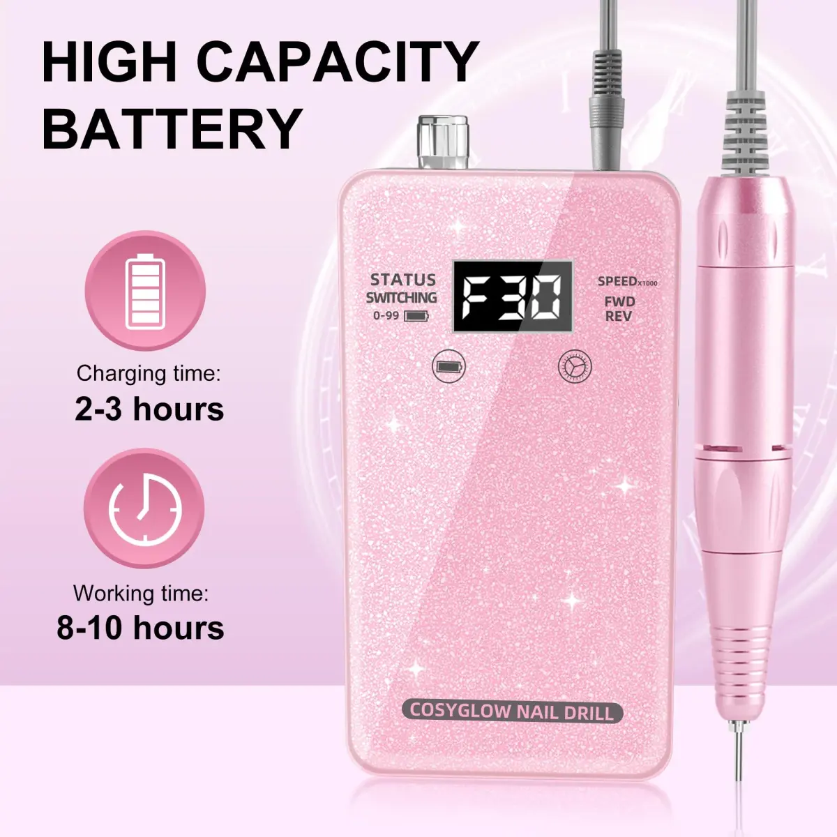COSYGLOW Glitter Portable Cordless Nail Drill Kit with 11 Bits, 30000 RPM Rechargeable E-File for Acrylic & Gel Nails (Pink) - view 4
