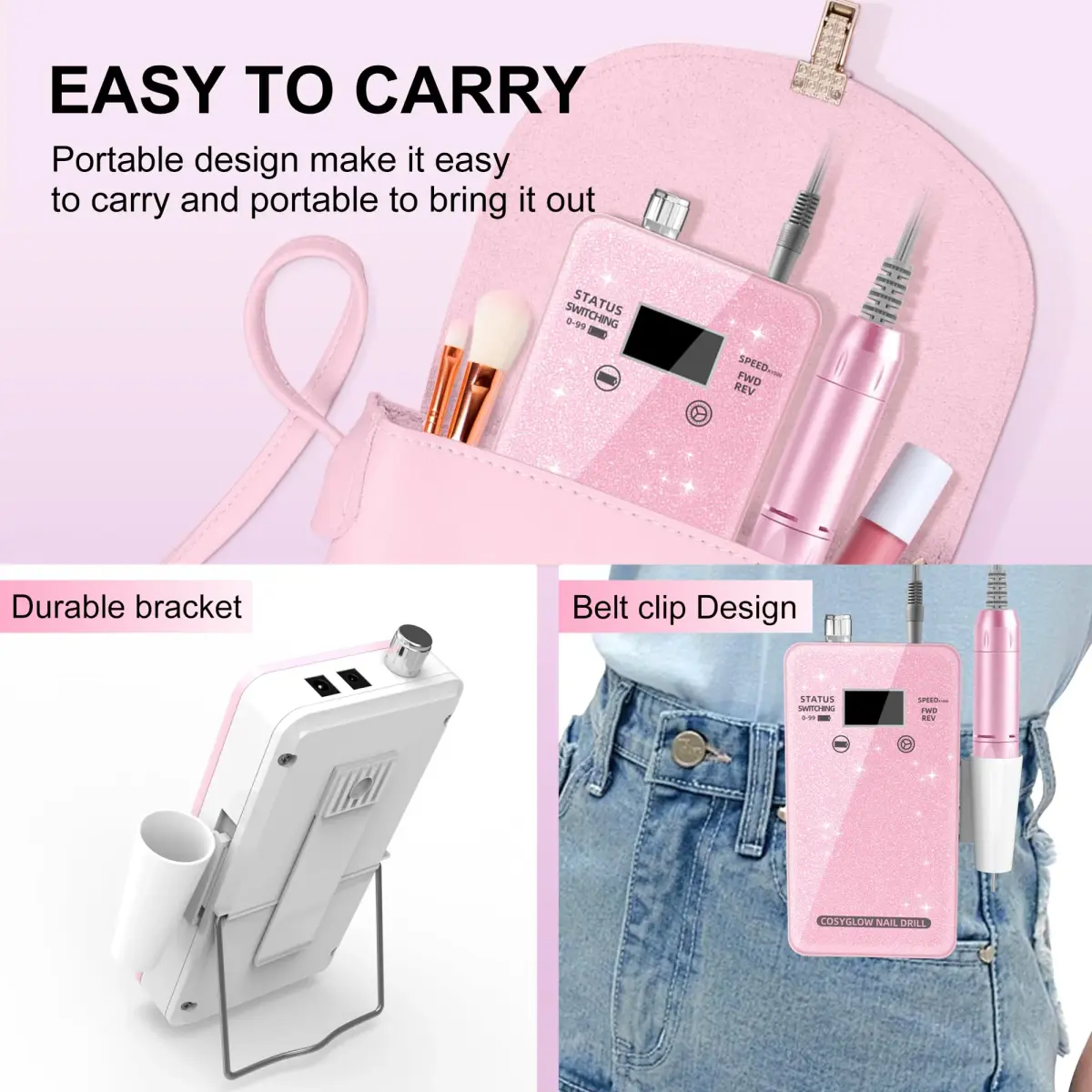 COSYGLOW Glitter Portable Cordless Nail Drill Kit with 11 Bits, 30000 RPM Rechargeable E-File for Acrylic & Gel Nails (Pink) - view 5