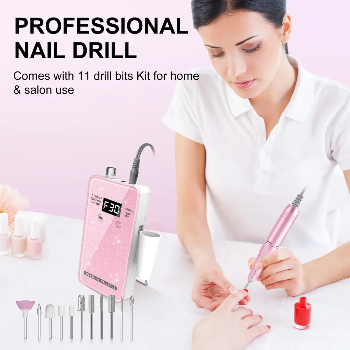 COSYGLOW Glitter Portable Cordless Nail Drill Kit with 11 Bits, 30000 RPM Rechargeable E-File for Acrylic & Gel Nails (Pink) - view 6