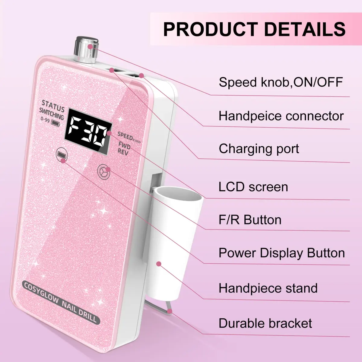 COSYGLOW Glitter Portable Cordless Nail Drill Kit with 11 Bits, 30000 RPM Rechargeable E-File for Acrylic & Gel Nails (Pink) - view 9