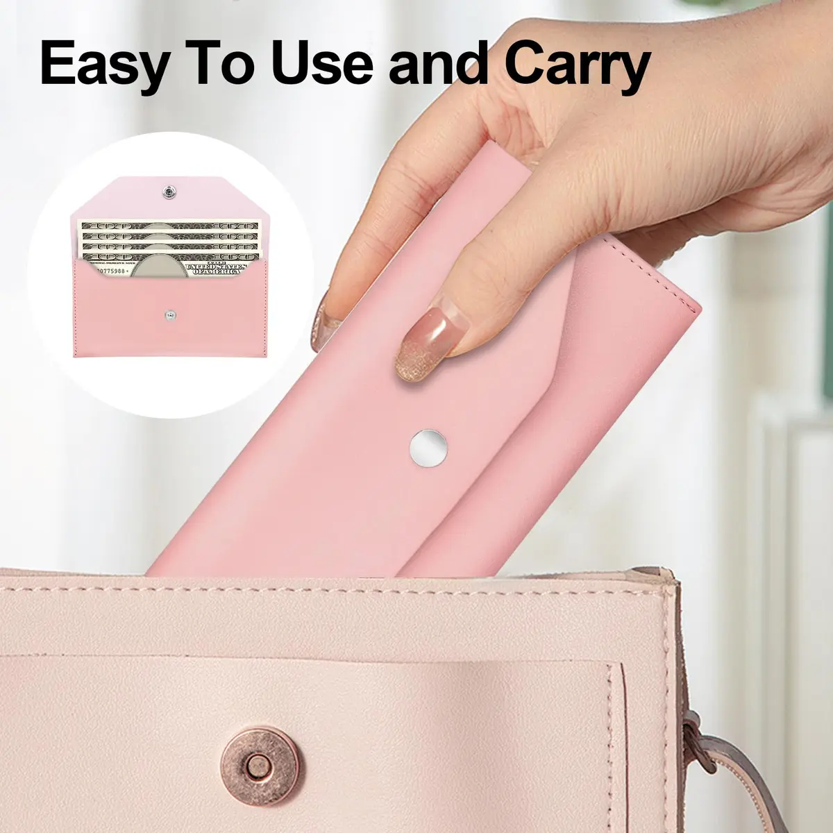 Nolcha Pu Leather Cash Envelope Wallet - Reusable Cash Stuffing Wallet for Men and Women -Pink | Compact, Waterproof & Budget-Friendly - view 5