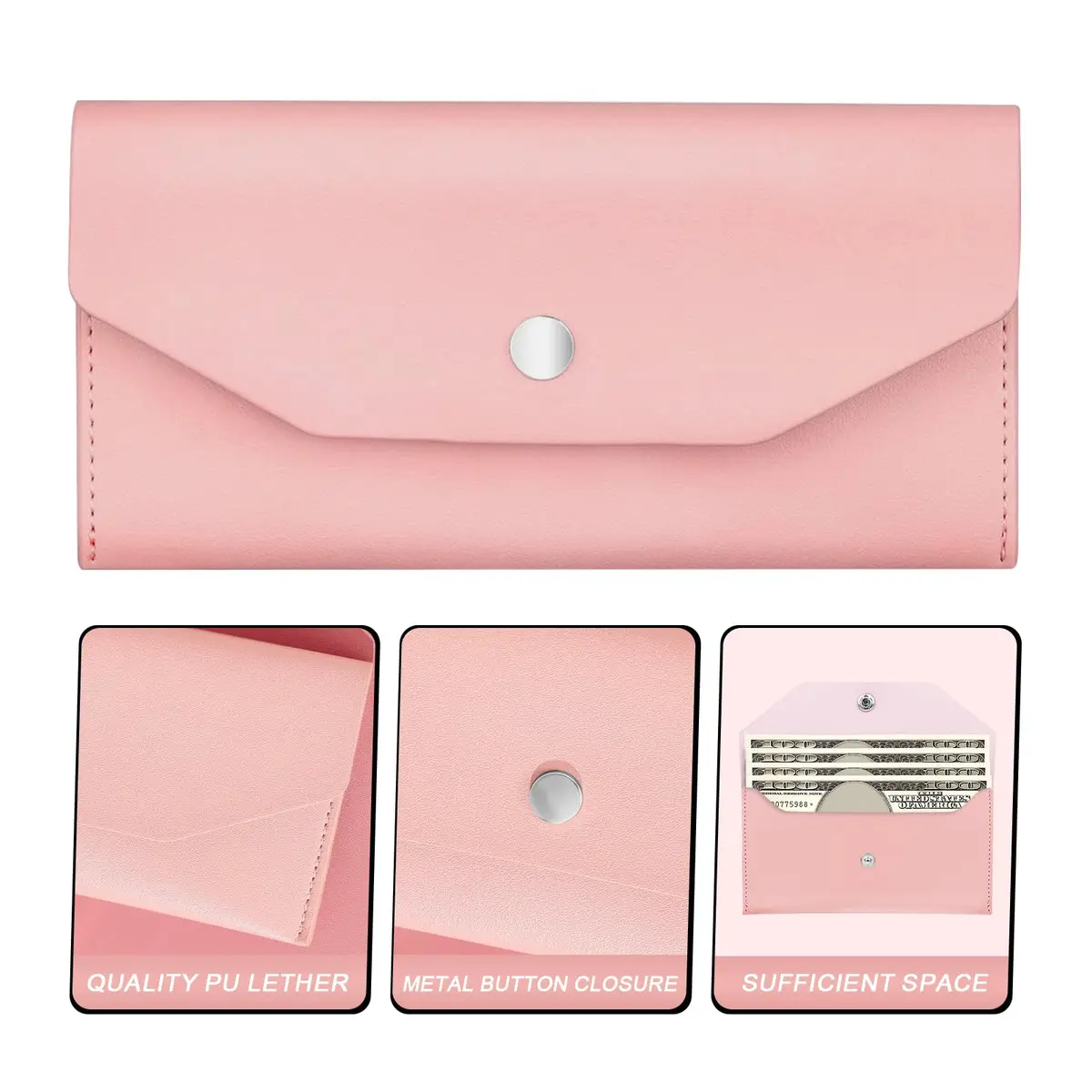Nolcha Pu Leather Cash Envelope Wallet - Reusable Cash Stuffing Wallet for Men and Women -Pink | Compact, Waterproof & Budget-Friendly - view 3
