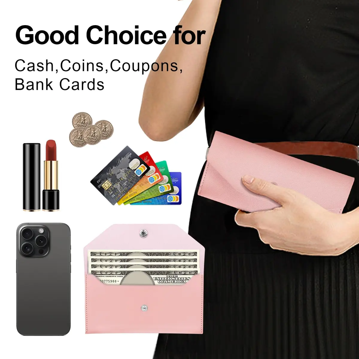 Nolcha Pu Leather Cash Envelope Wallet - Reusable Cash Stuffing Wallet for Men and Women -Pink | Compact, Waterproof & Budget-Friendly - view 4