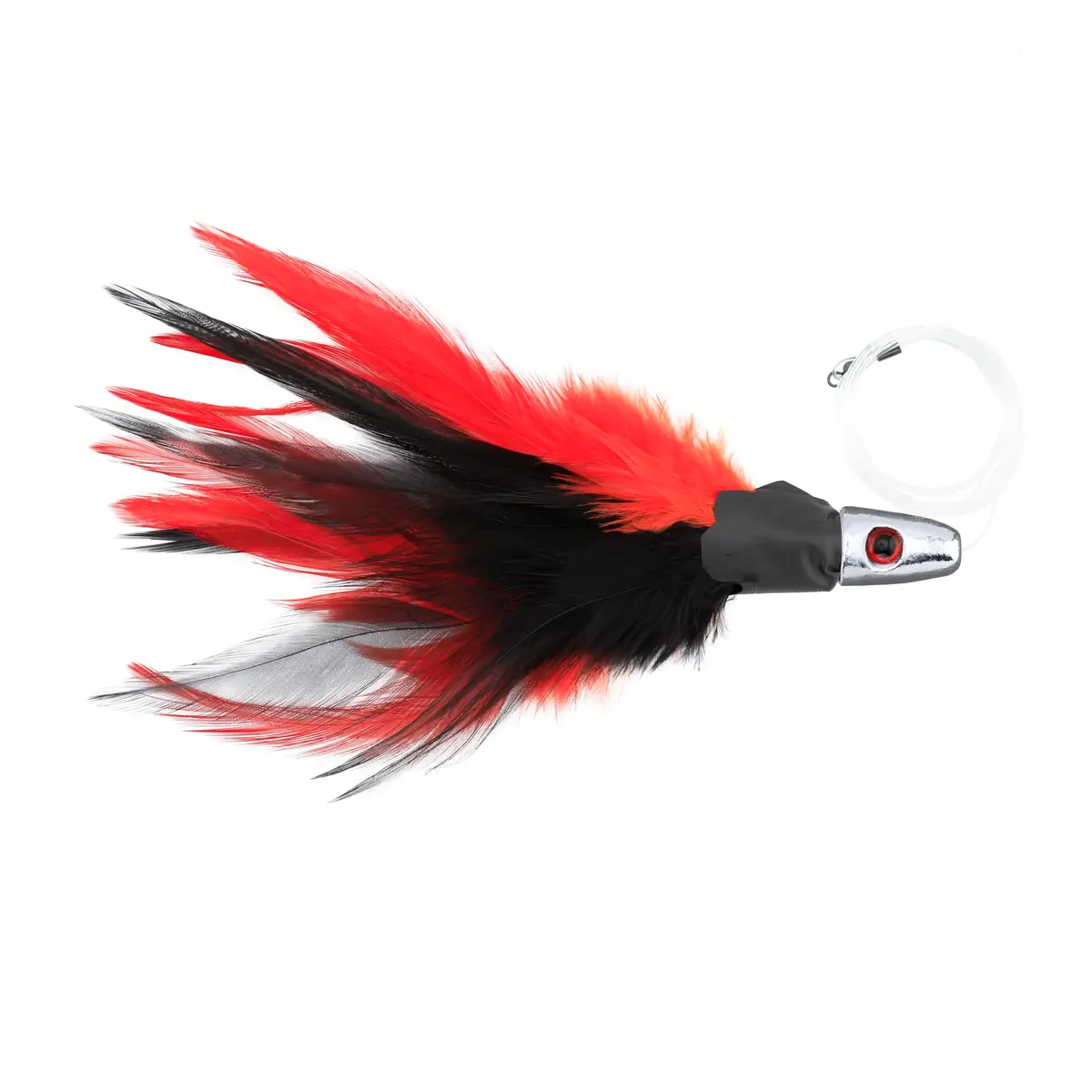C&H Lures No Alibi Trolling Feather Saltwater Fishing Lure | 1 oz Head, Black Red Feather Skirt, Rigged 7/0 Mustad Hook, 6 ft Mono Leader - view 2