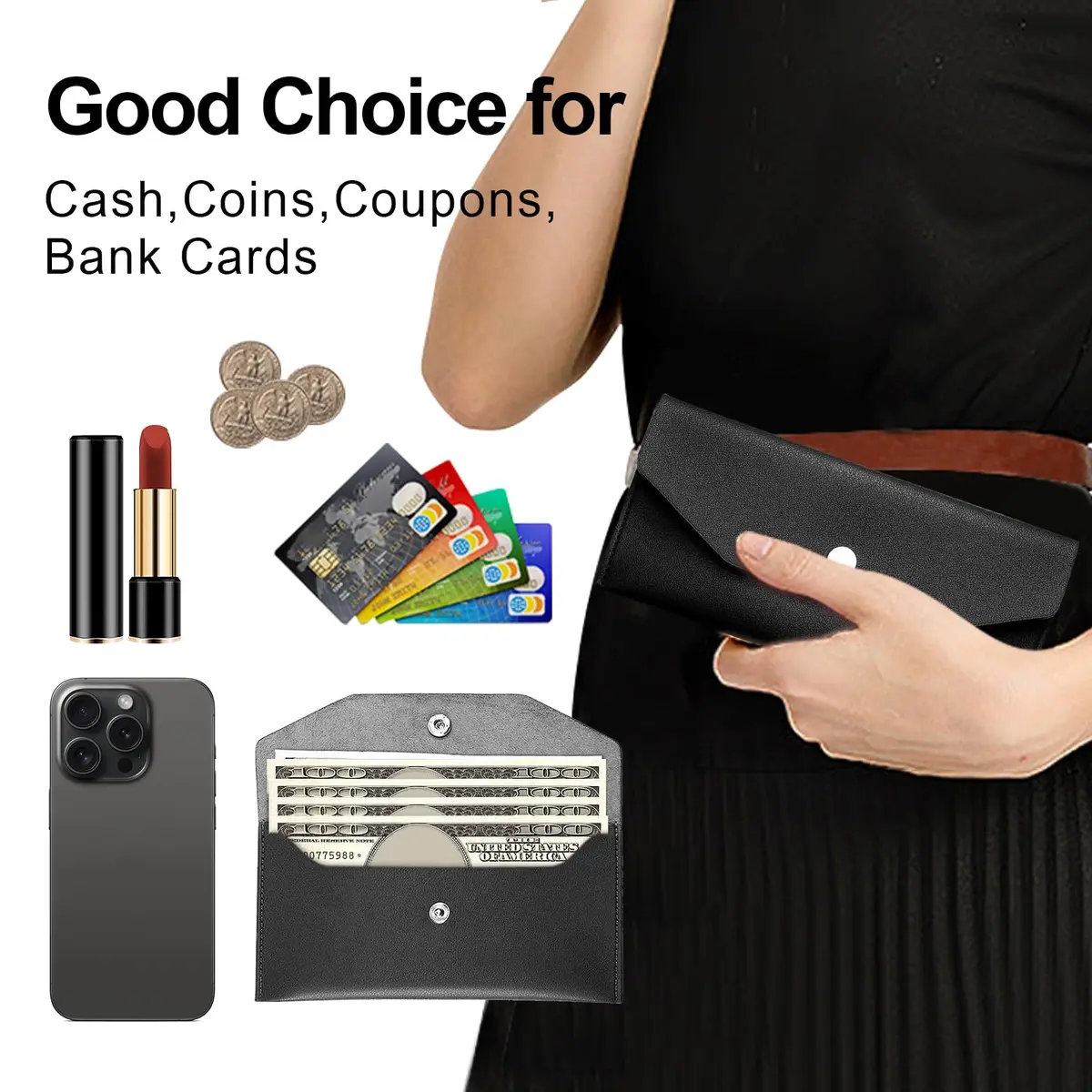 Nolcha Pu Leather Cash Envelope Wallet - Reusable Cash Stuffing Wallet for Men and Women -Black | Compact Budget Organizer - view 3