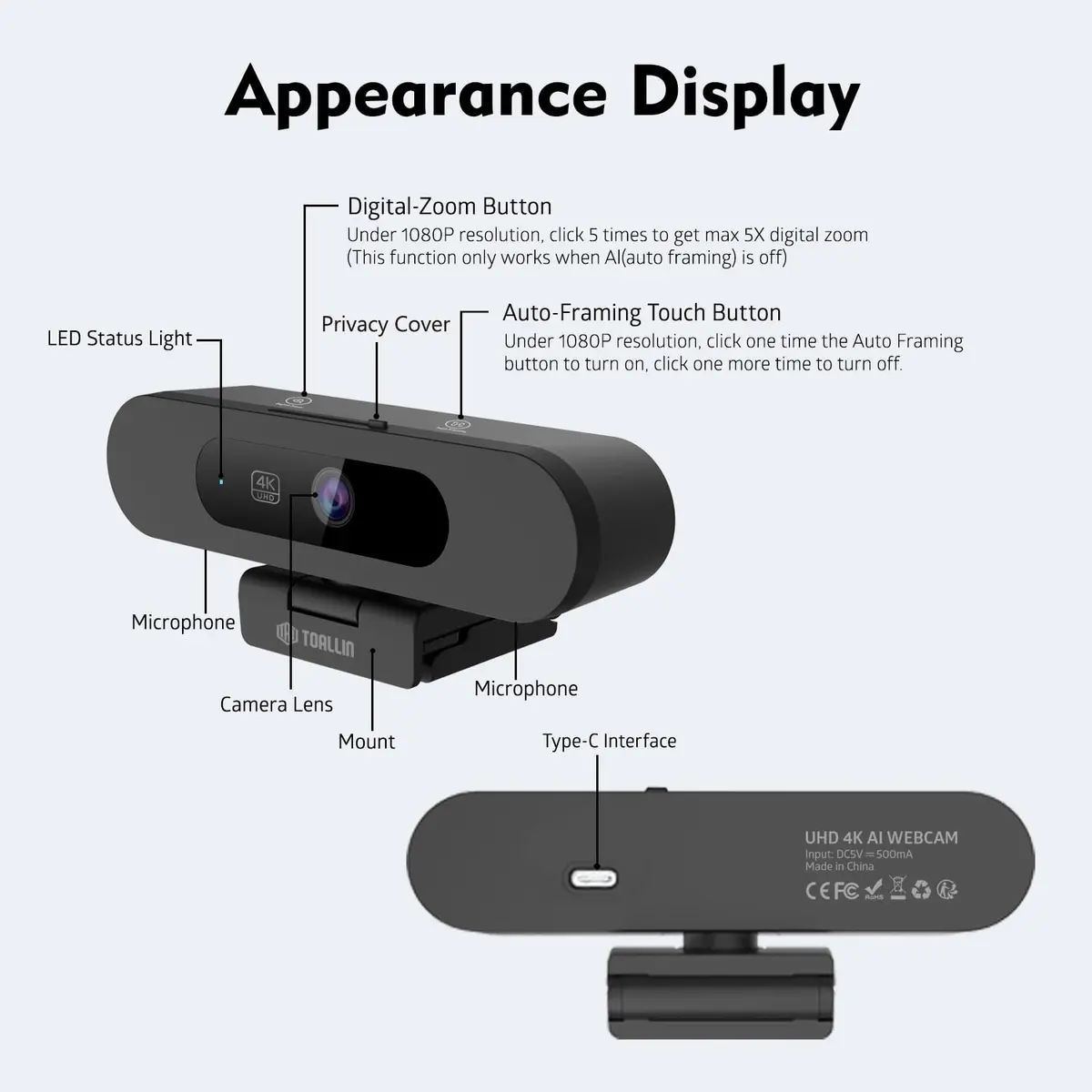 TOALLIN 4K AI Webcam with Auto-Framing & Noise-Canceling Microphones | 92° Wide Angle, 5X Digital Zoom, Auto Light Correction - view 6
