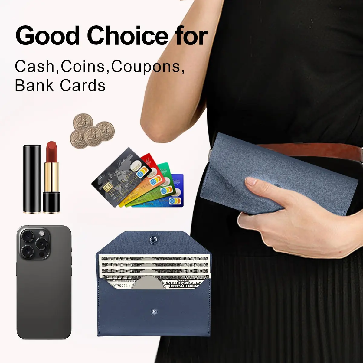 Nolcha Cash Envelope Wallet for Women - Reusable PU Leather Budgeting Wallet, Dark-Blue | Compact & Waterproof - view 4