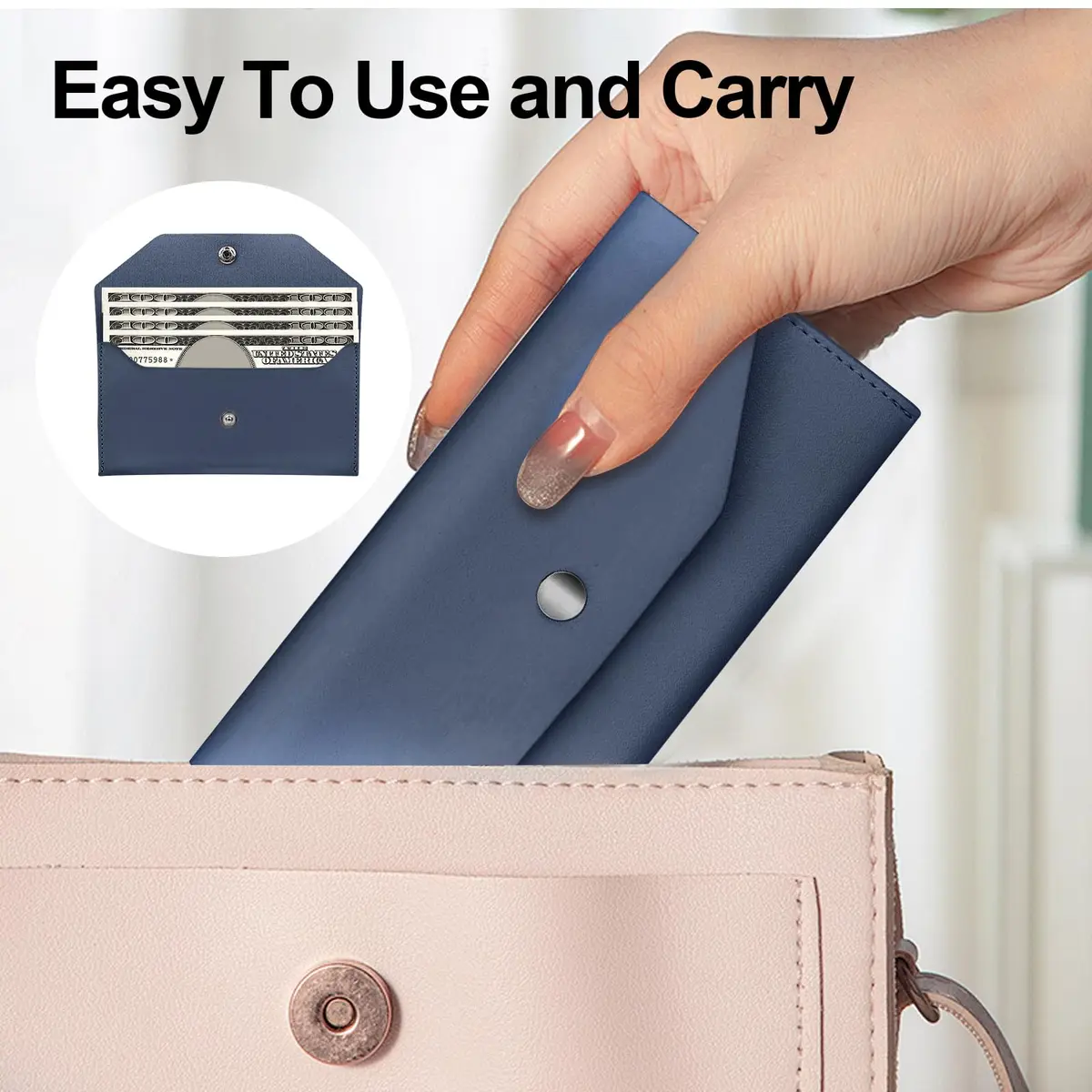Nolcha Cash Envelope Wallet for Women - Reusable PU Leather Budgeting Wallet, Dark-Blue | Compact & Waterproof - view 5