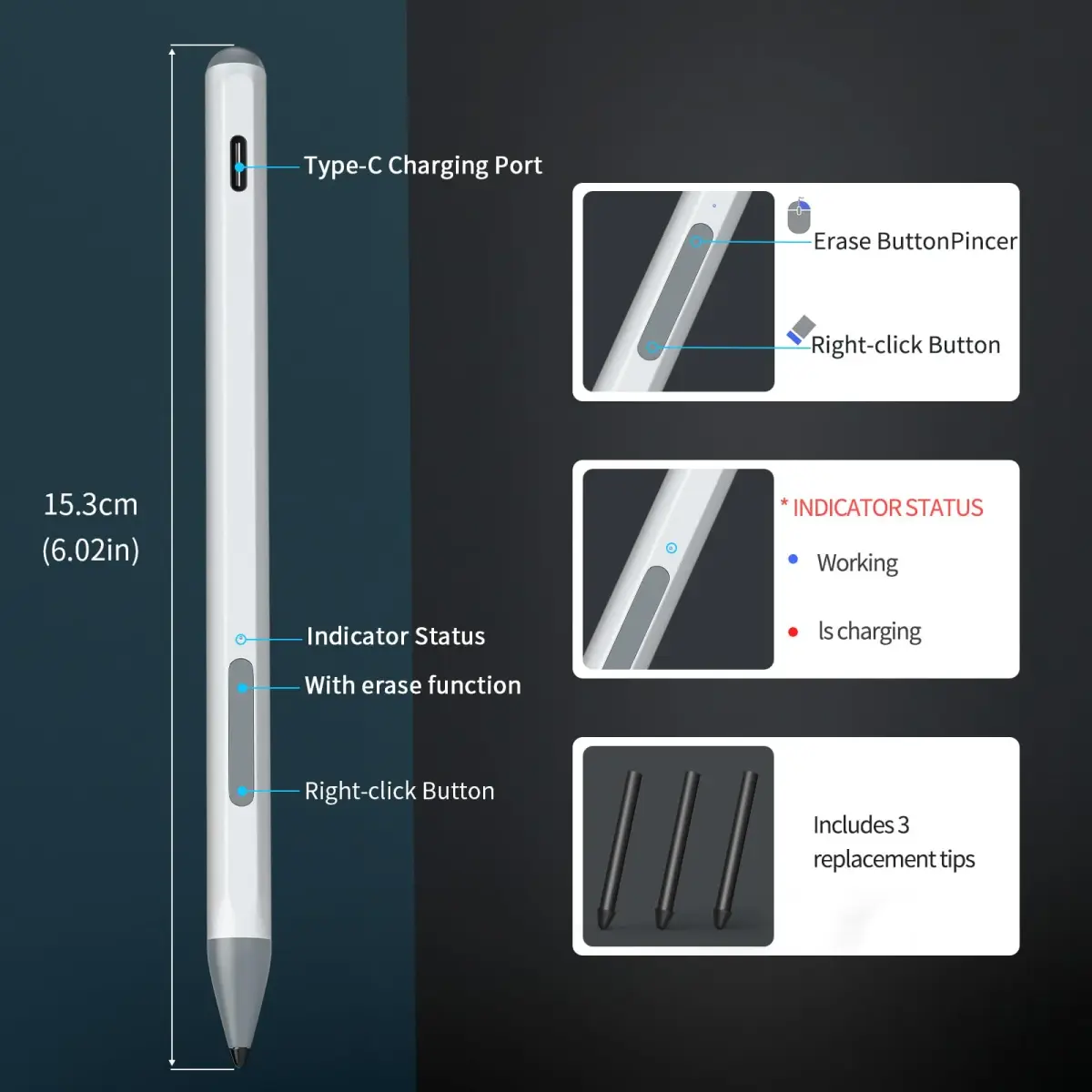 SSS·GRGB Rechargeable MPP 2.0 Stylus Pen for ASUS Laptops & Tablets, 4096 Pressure Sensitivity, Type-C Charge, Silver | Tilt Active Pen - view 6