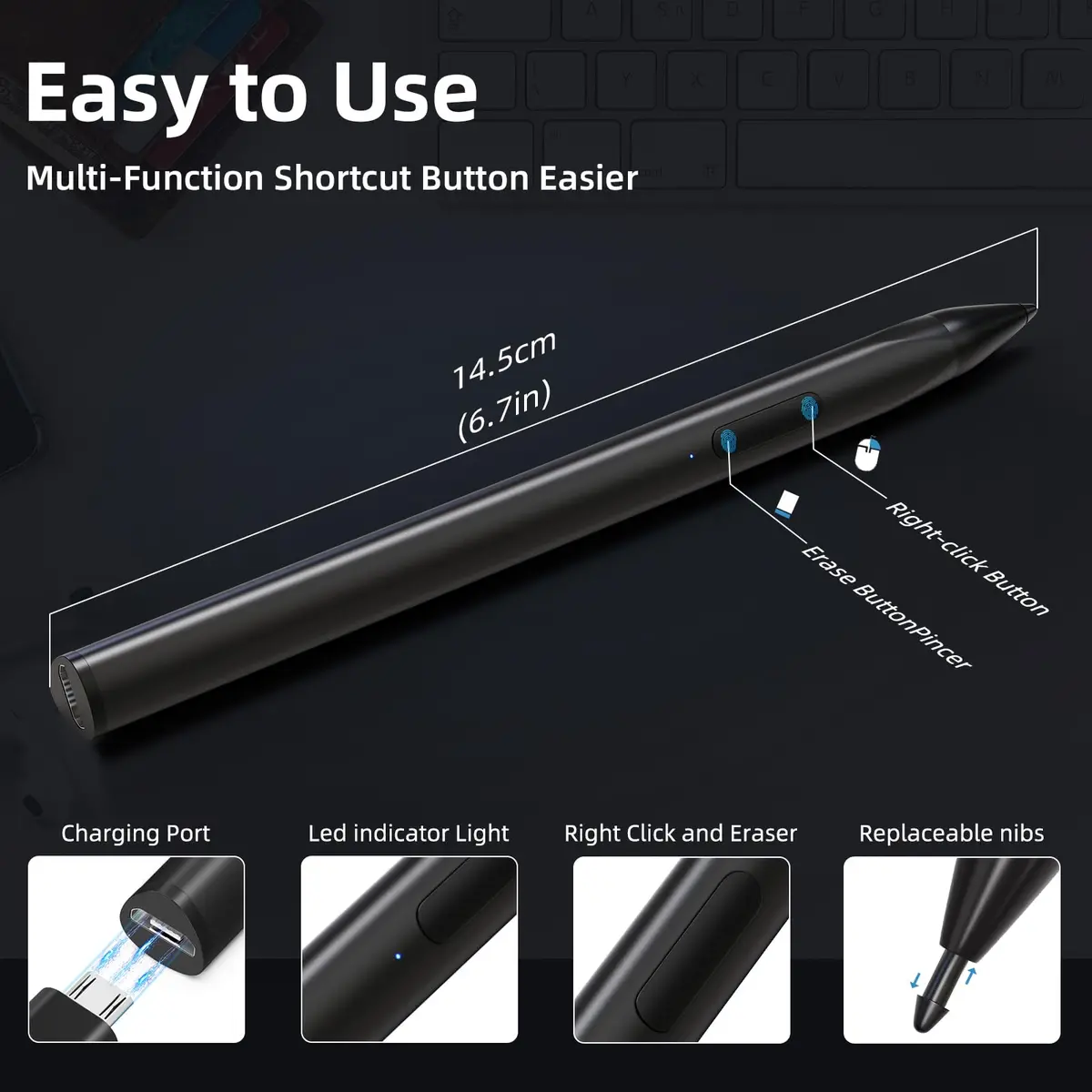 SSS·GRGB Stylus Pen for HP Envy X360 & Spectre 4096 Pressure Tilt Black | Rechargeable Active Pen with Palm Rejection - view 7