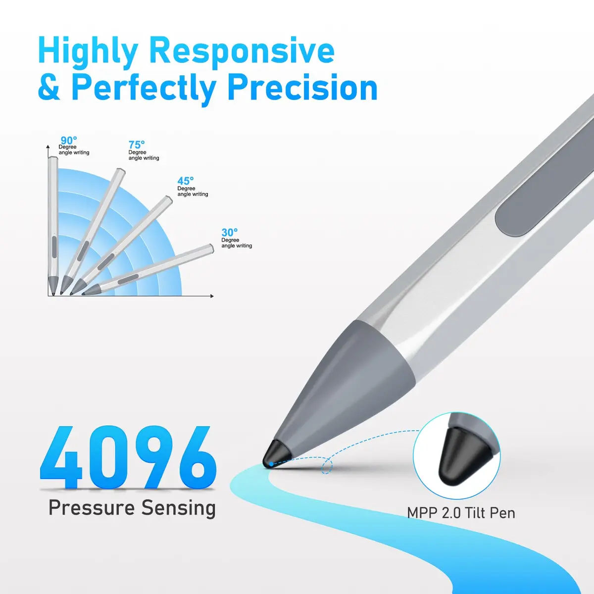 SSS·GRGB Stylus Pen for HP Envy x360 & Spectre x2 | Tilt & Pressure Sensitive, Rechargeable, Silver - view 3