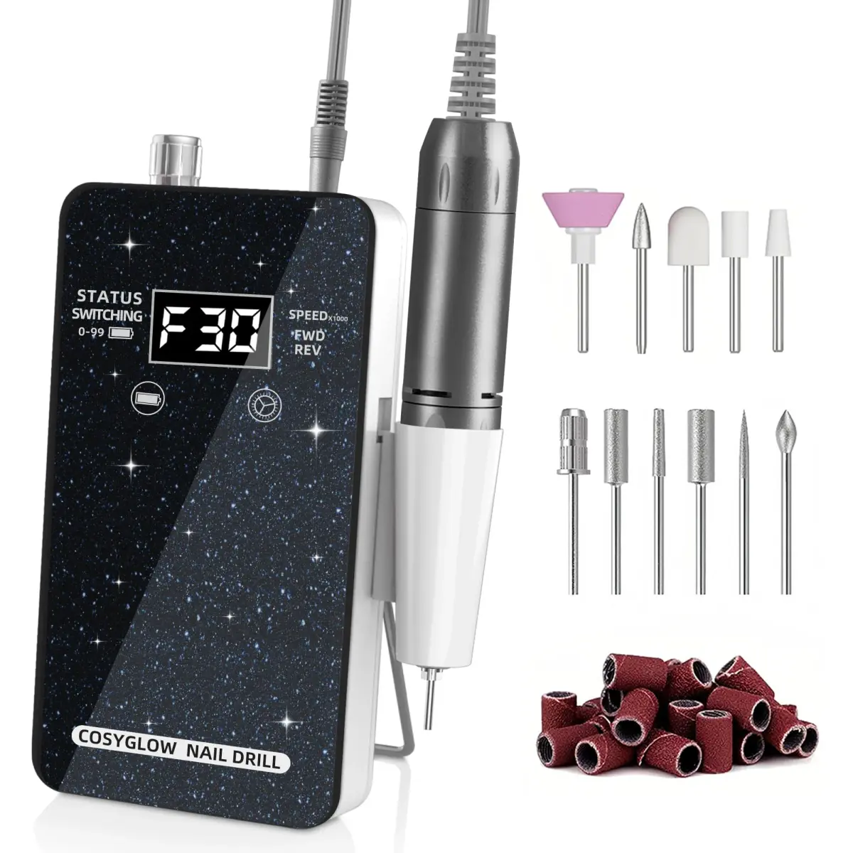 COSYGLOW Black Glitter Portable Cordless Electric Nail Drill Kit with 11 Bits, 30000 RPM | Professional E-File for Acrylic & Gel Nails - main product image