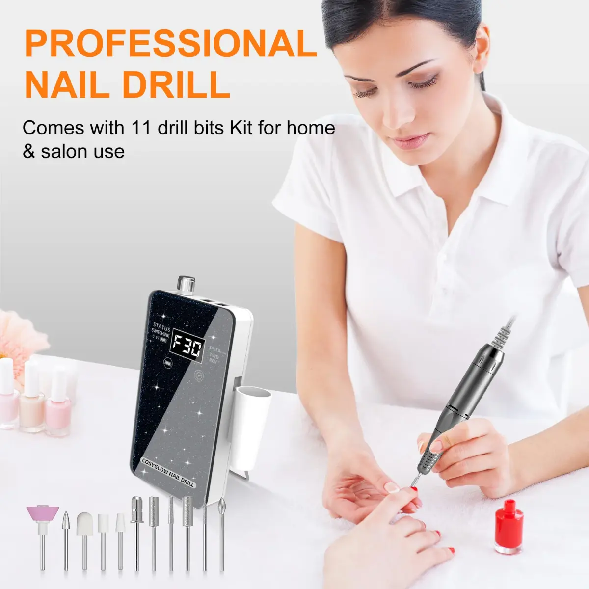 COSYGLOW Black Glitter Portable Cordless Electric Nail Drill Kit with 11 Bits, 30000 RPM | Professional E-File for Acrylic & Gel Nails - view 6