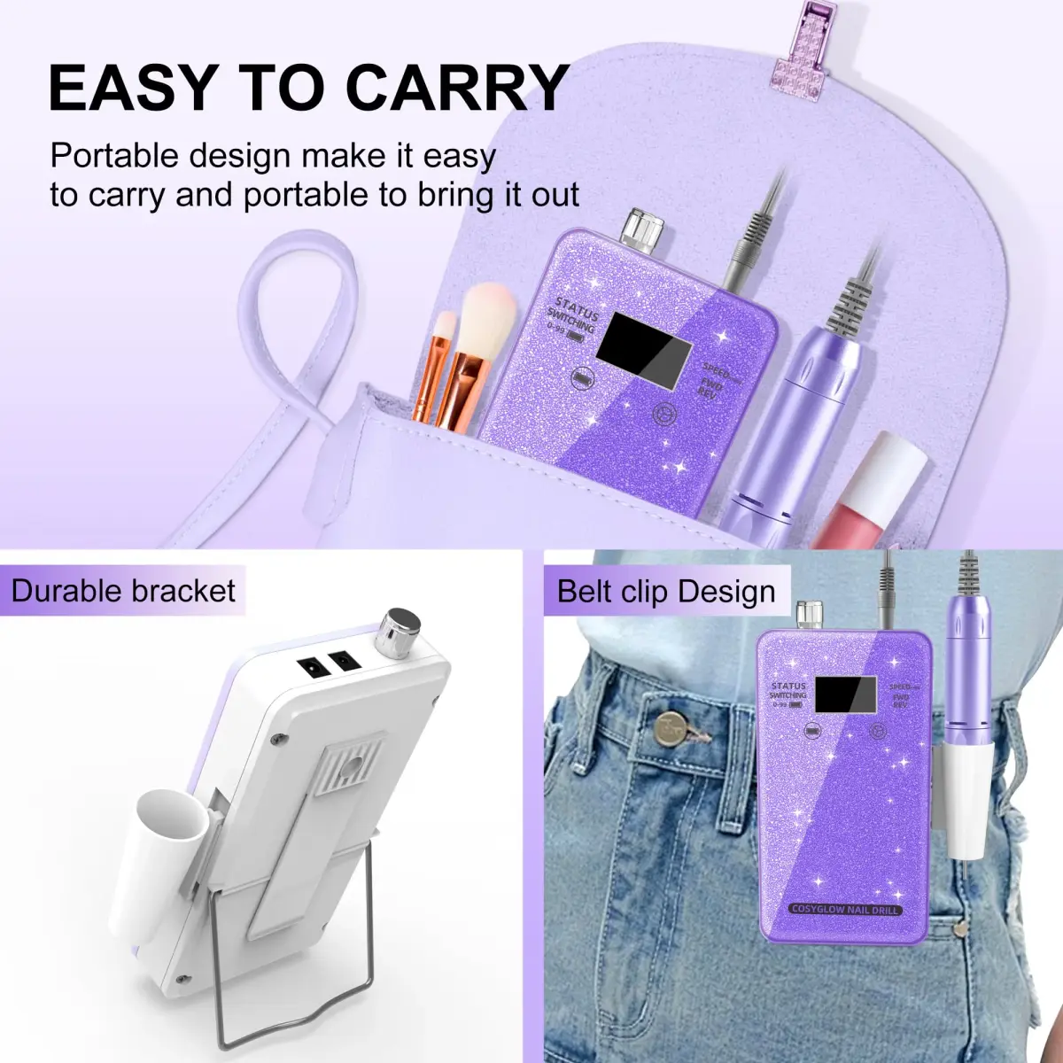 COSYGLOW Glitter Portable Cordless Nail Drill Kit | 30000 RPM E-File for Acrylic & Gel Nails - view 5