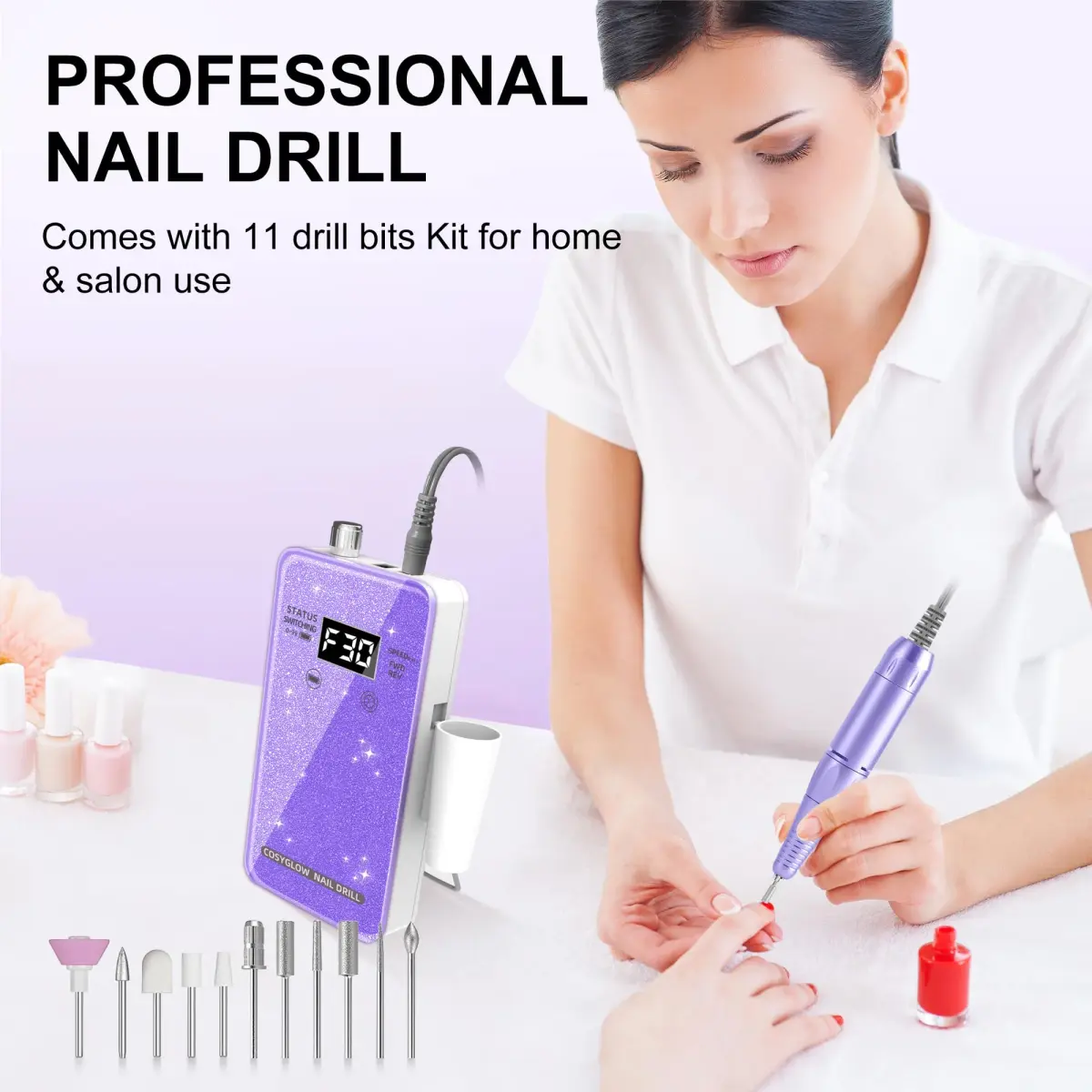 COSYGLOW Glitter Portable Cordless Nail Drill Kit | 30000 RPM E-File for Acrylic & Gel Nails - view 6