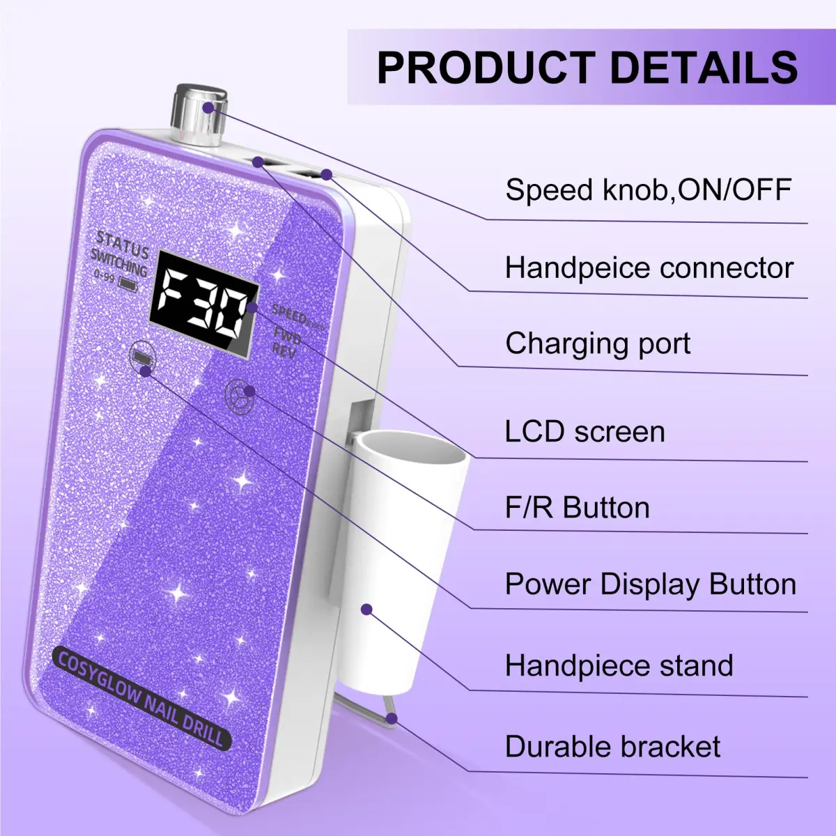 COSYGLOW Glitter Portable Cordless Nail Drill Kit | 30000 RPM E-File for Acrylic & Gel Nails - view 9