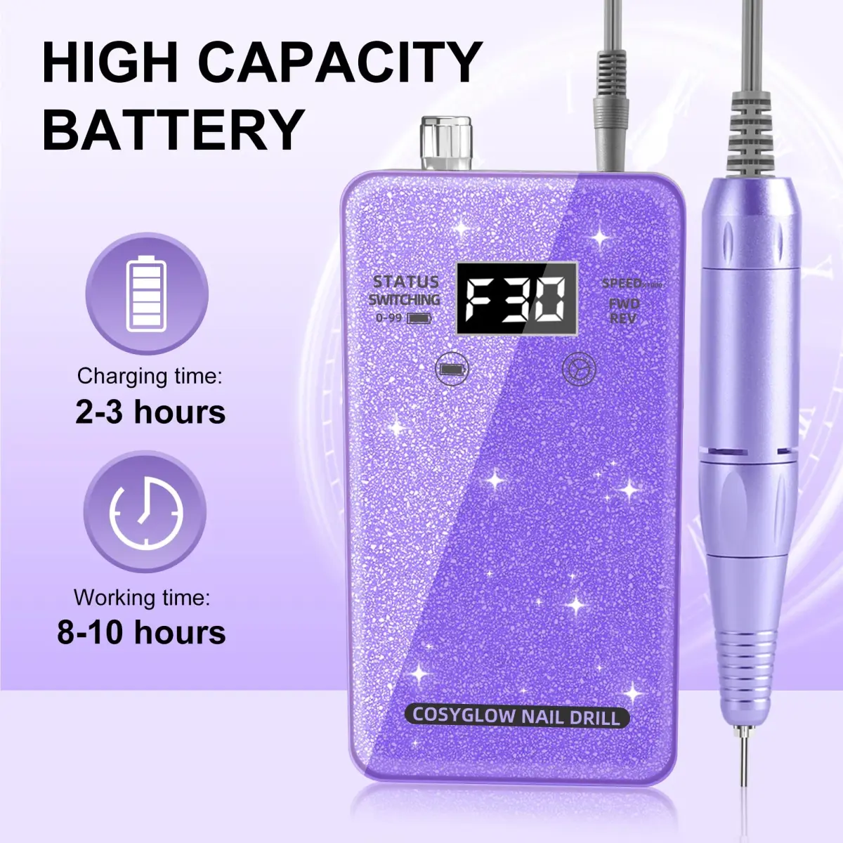 COSYGLOW Glitter Portable Cordless Nail Drill Kit | 30000 RPM E-File for Acrylic & Gel Nails - view 4