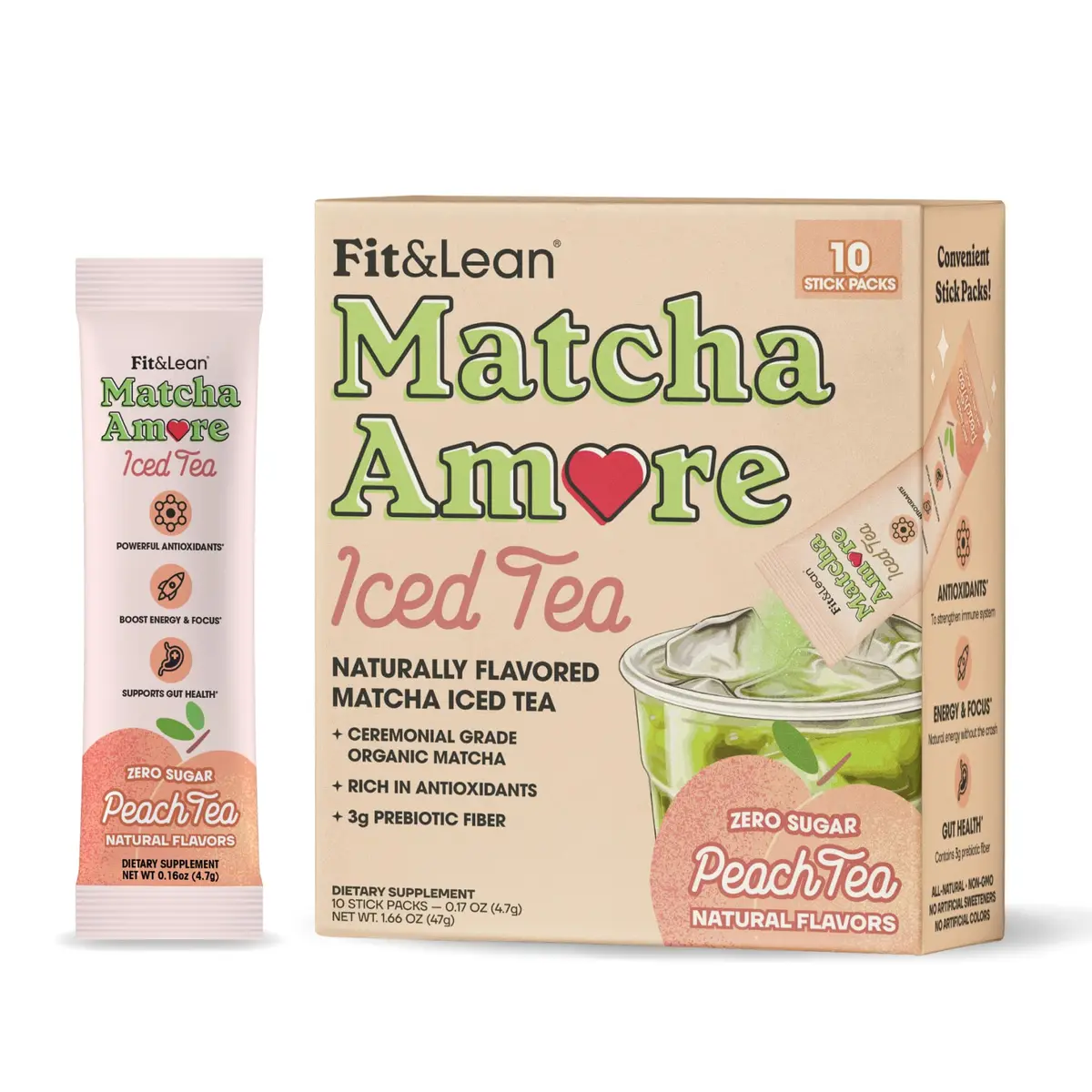 Fit & Lean Matcha Amore Iced Tea Peach 10 Stick Packs | Organic, Vegan, Gluten-Free, Antioxidant-Rich (70-120 chars) - main product image