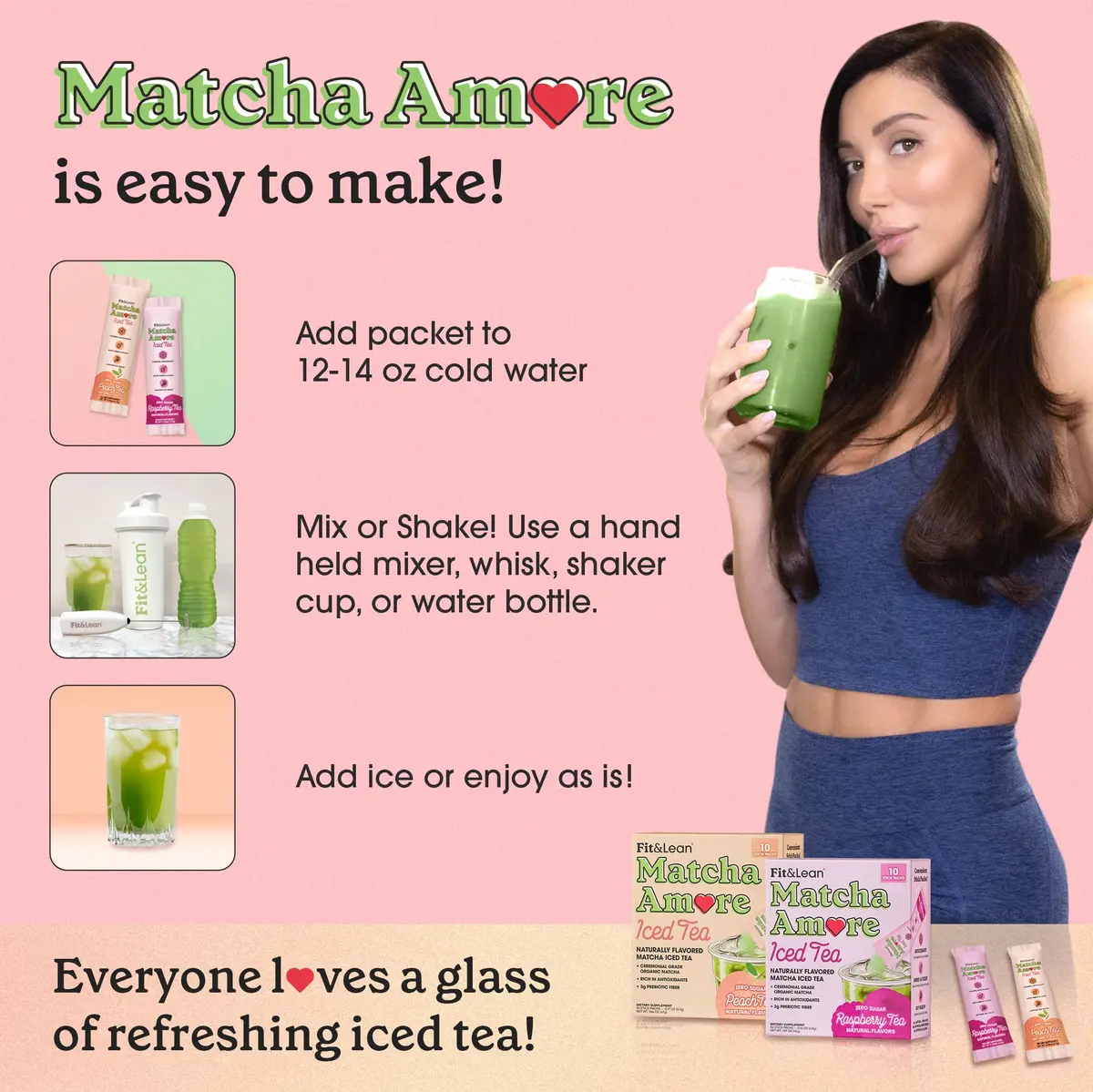 Fit & Lean Matcha Amore Iced Tea Peach 10 Stick Packs | Organic, Vegan, Gluten-Free, Antioxidant-Rich (70-120 chars) - view 5