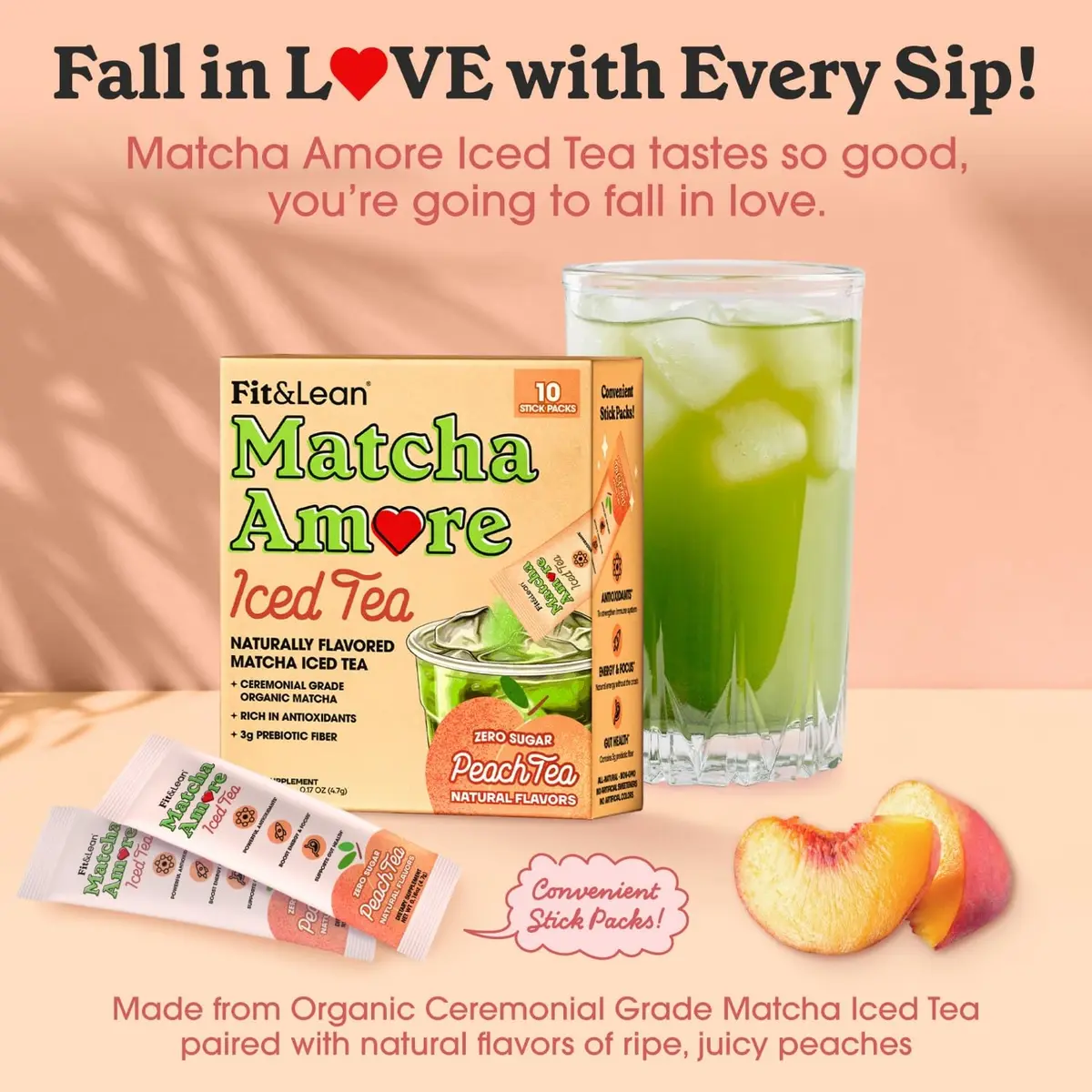 Fit & Lean Matcha Amore Iced Tea Peach 10 Stick Packs | Organic, Vegan, Gluten-Free, Antioxidant-Rich (70-120 chars) - view 2