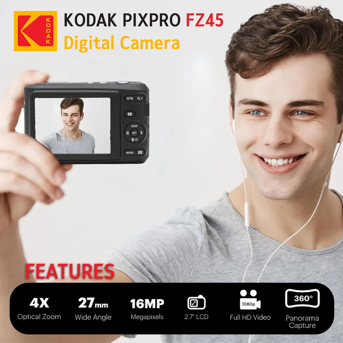 KODAK PIXPRO FZ45 16MP Digital Camera with 4X Optical Zoom 27mm Wide Angle and 2.7" LCD Screen Bundle with 32GB SD Card, AA Batteries - view 5