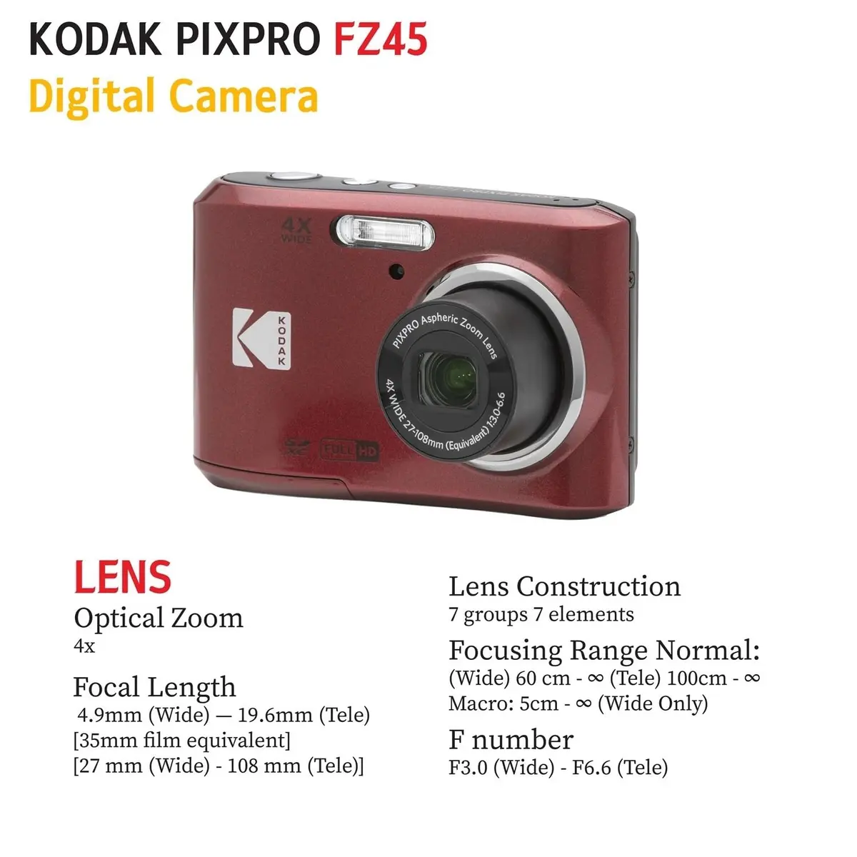 KODAK PIXPRO FZ45 16MP Digital Camera with 4X Optical Zoom 27mm Wide Angle and 2.7" LCD Screen Bundle with 32GB SD Memory Card, AA Batteries (Red) - view 6