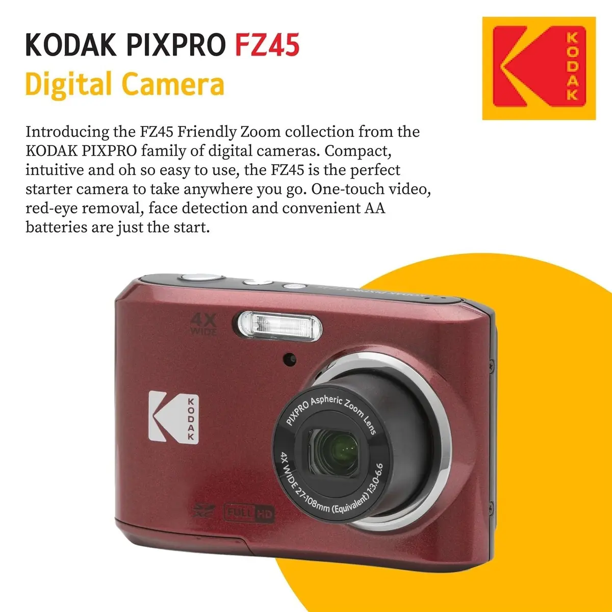 KODAK PIXPRO FZ45 16MP Digital Camera with 4X Optical Zoom 27mm Wide Angle and 2.7" LCD Screen Bundle with 32GB SD Memory Card, AA Batteries (Red) - view 7