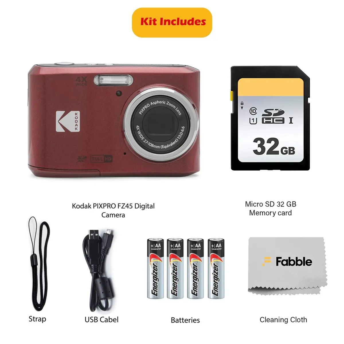 KODAK PIXPRO FZ45 16MP Digital Camera with 4X Optical Zoom 27mm Wide Angle and 2.7" LCD Screen Bundle with 32GB SD Memory Card, AA Batteries (Red) - view 2